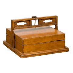 Antique Chinese Wooden Carrying Lunch Box with Pierced Handle