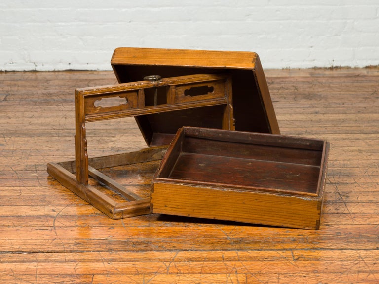 Antique Chinese Wooden Carrying Lunch Box with Pierced Handle For Sale