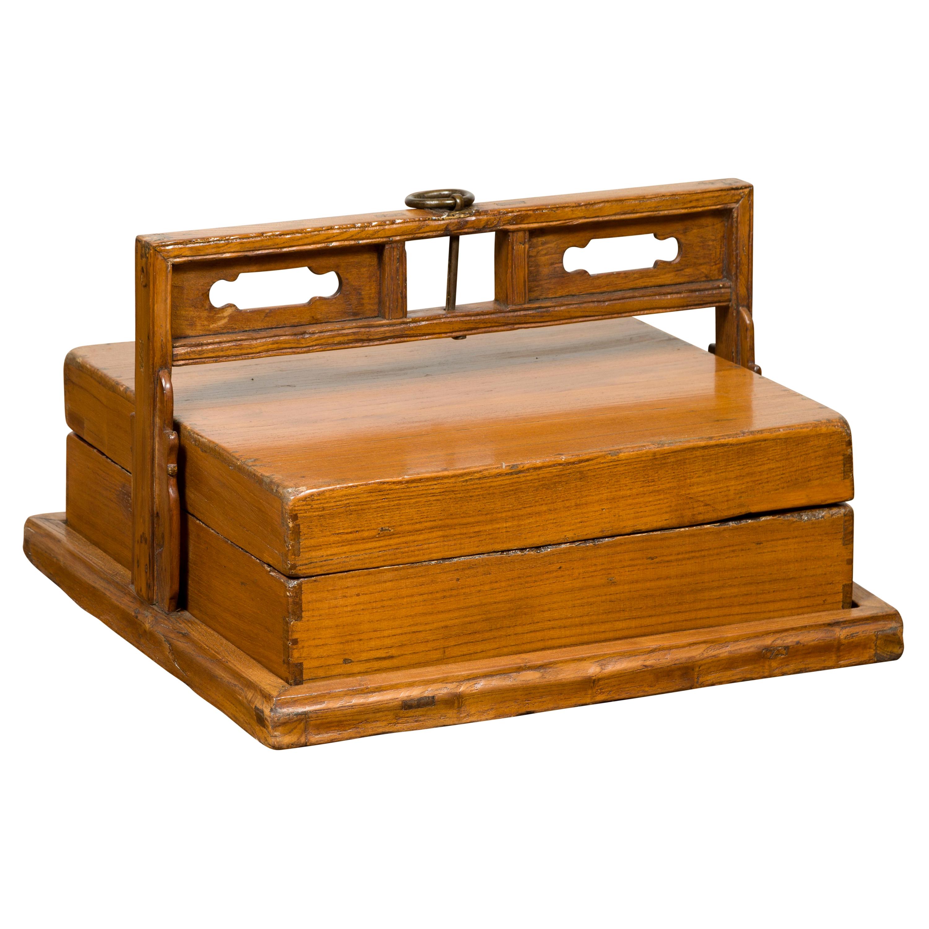 Chinese Antique Lidded Lunch Box with Volutes, Handle and Distressed