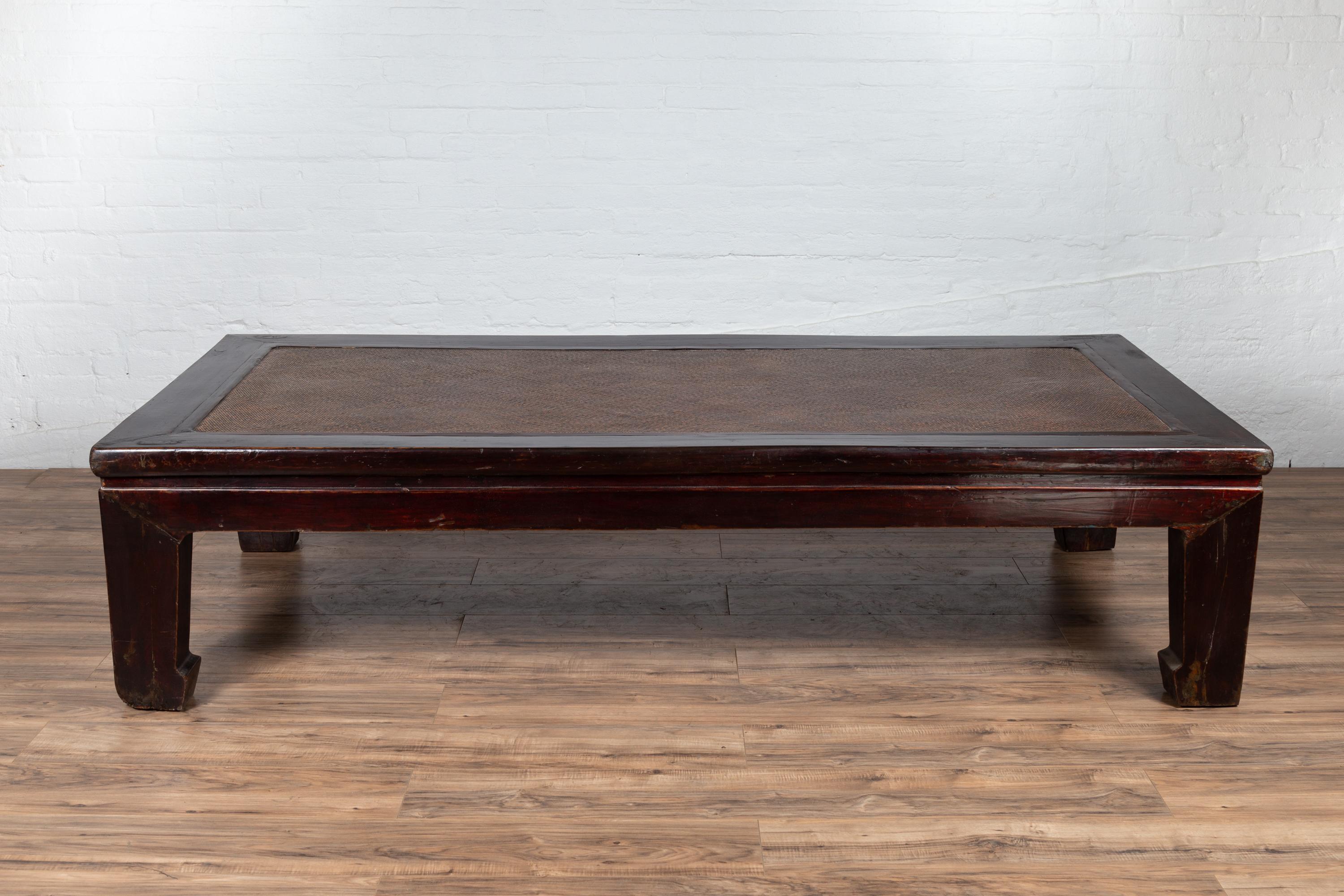 Antique Chinese Wooden Coffee Table with Dark Patina and Woven Rattan Top 4