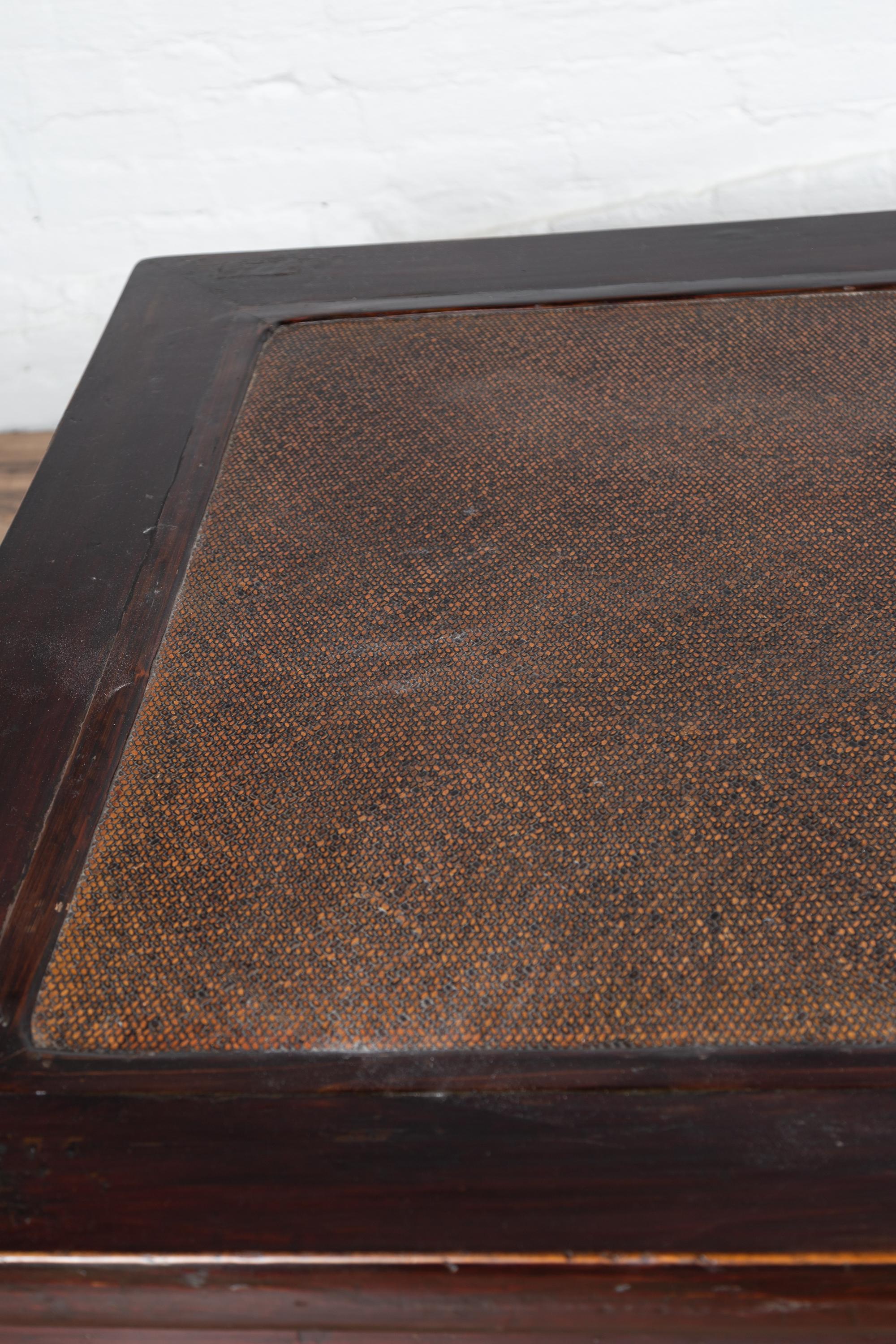 20th Century Antique Chinese Wooden Coffee Table with Dark Patina and Woven Rattan Top