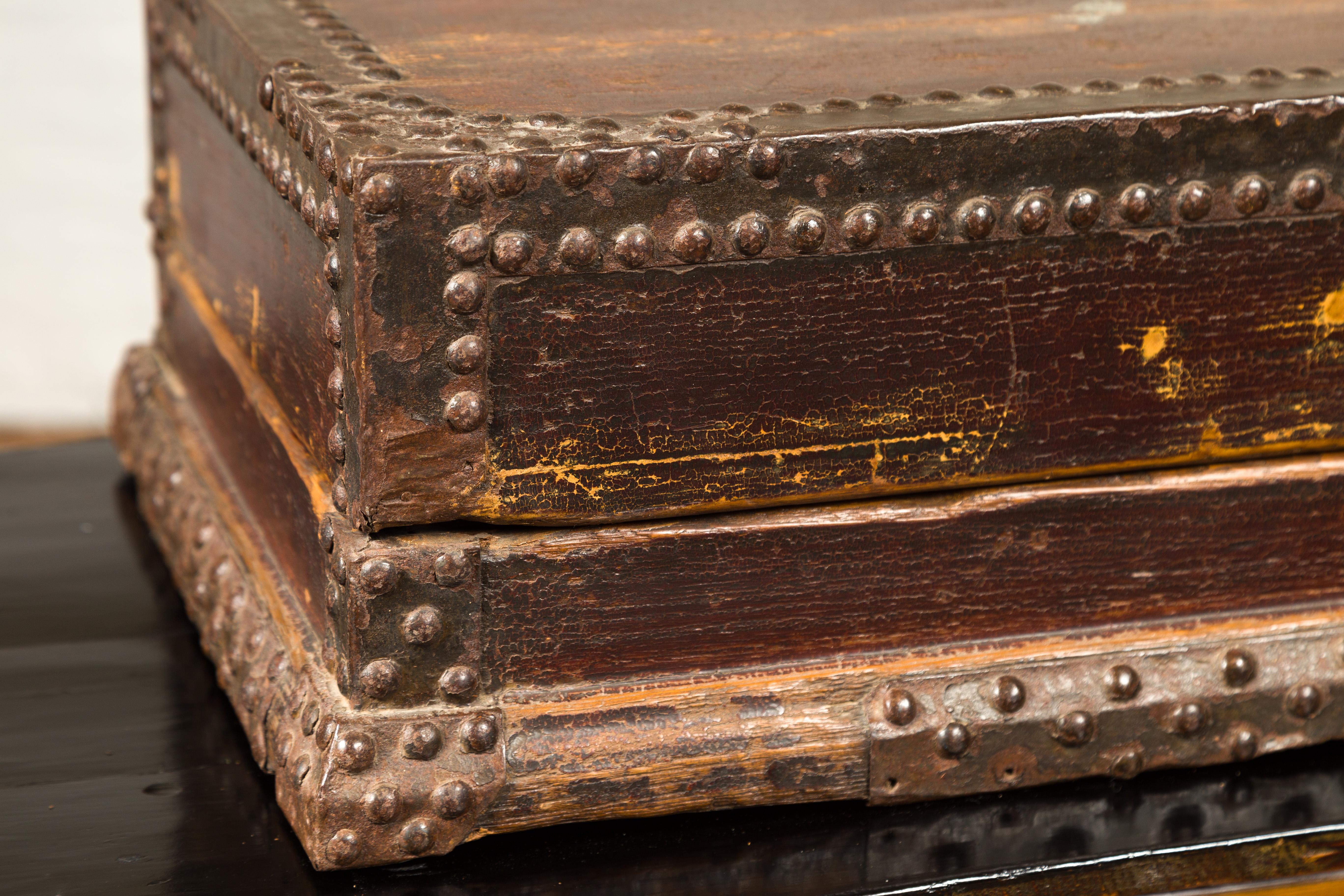 Rustic 19th Century Wooden Document Box with Distressed Patina and Brass Stud Design For Sale