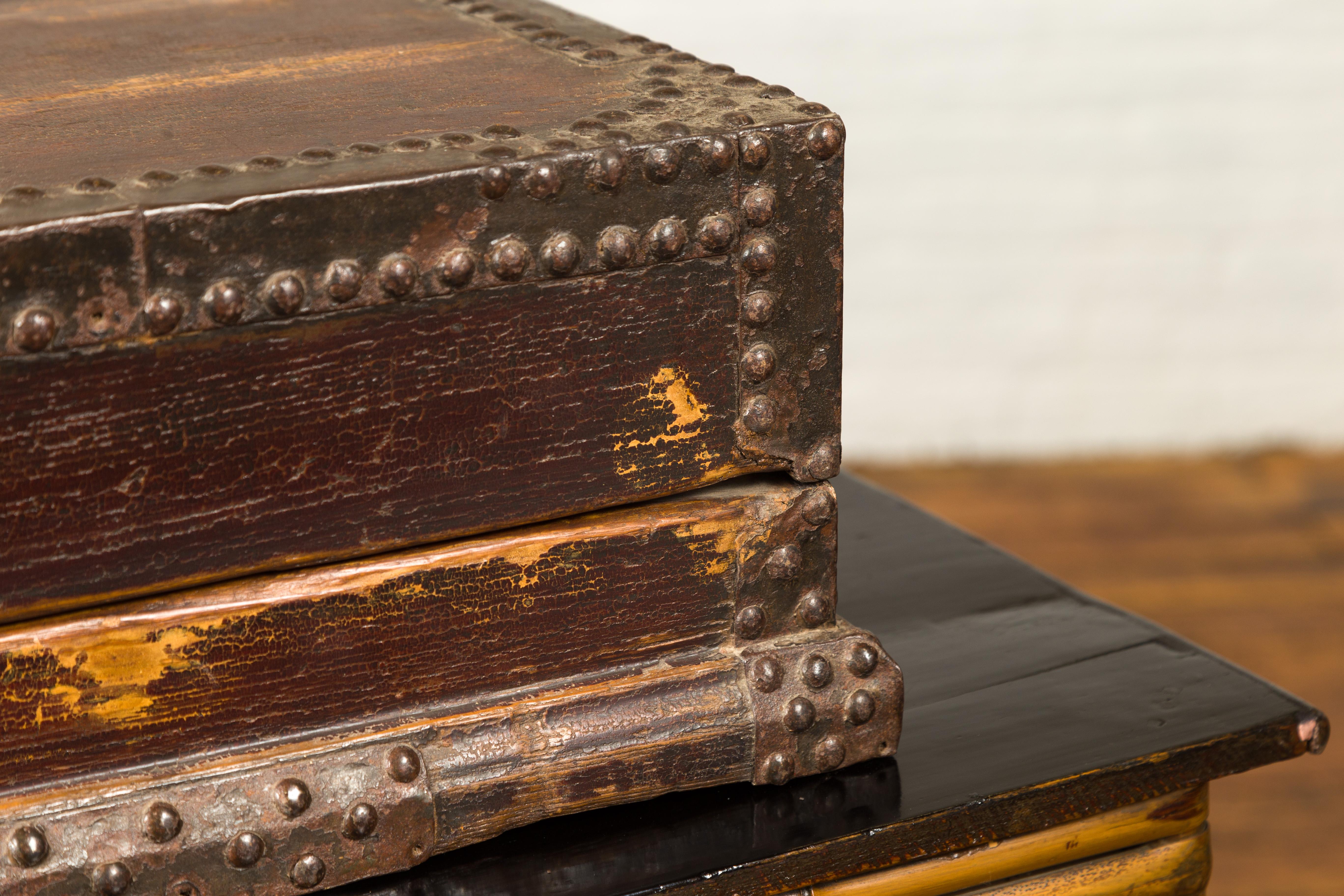 Chinese 19th Century Wooden Document Box with Distressed Patina and Brass Stud Design For Sale