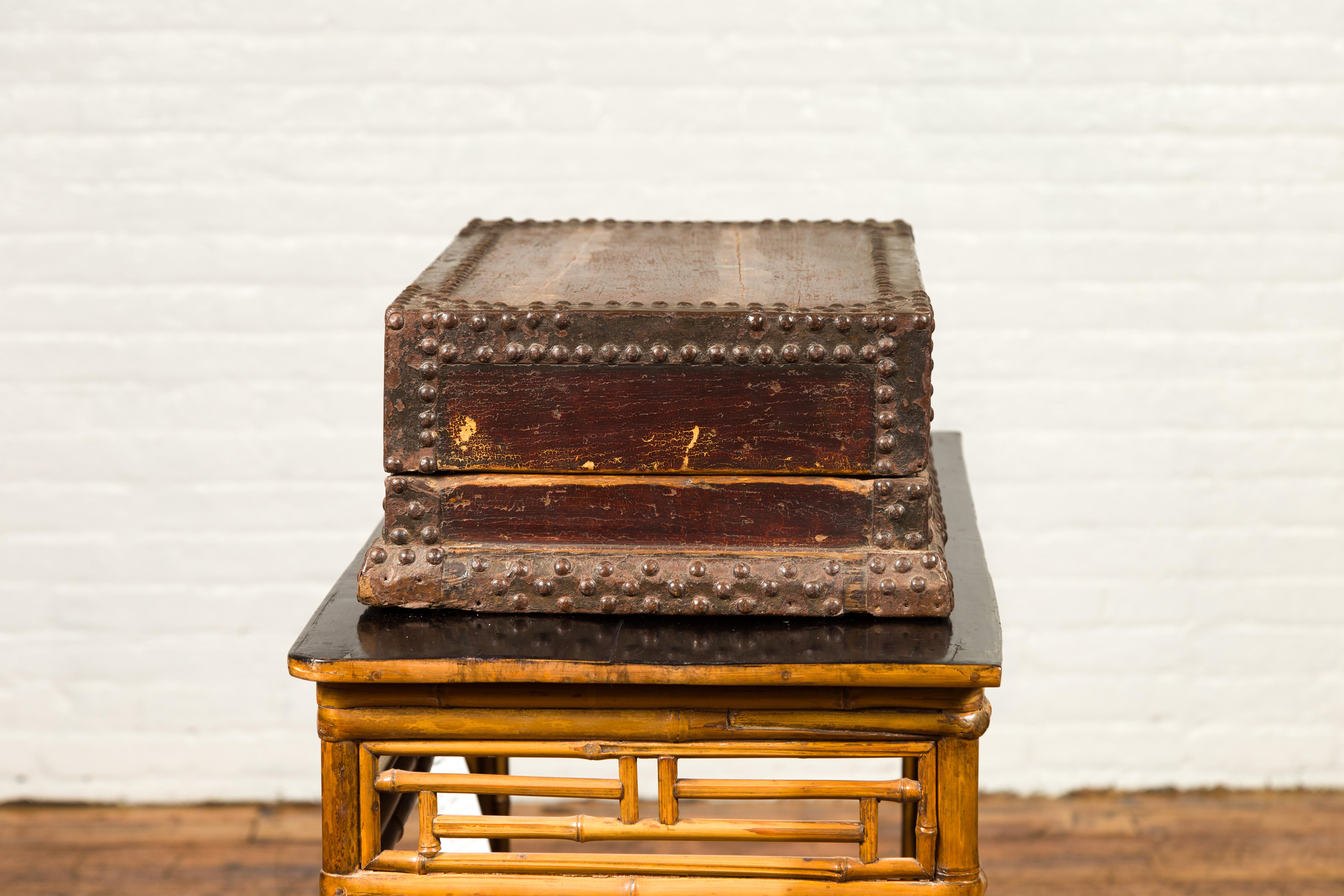 19th Century Wooden Document Box with Distressed Patina and Brass Stud Design In Good Condition For Sale In Yonkers, NY