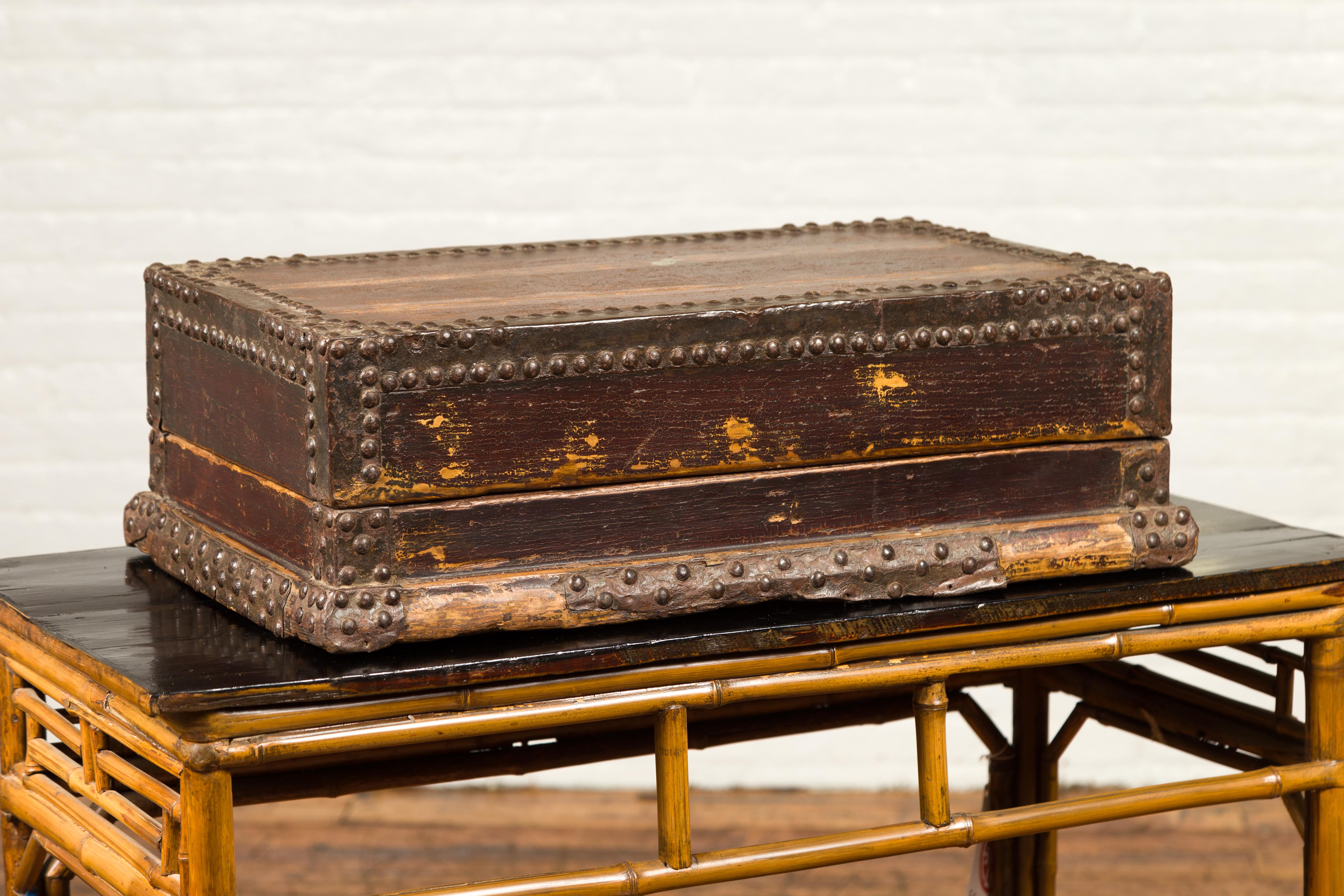 19th Century Wooden Document Box with Distressed Patina and Brass Stud Design For Sale 1