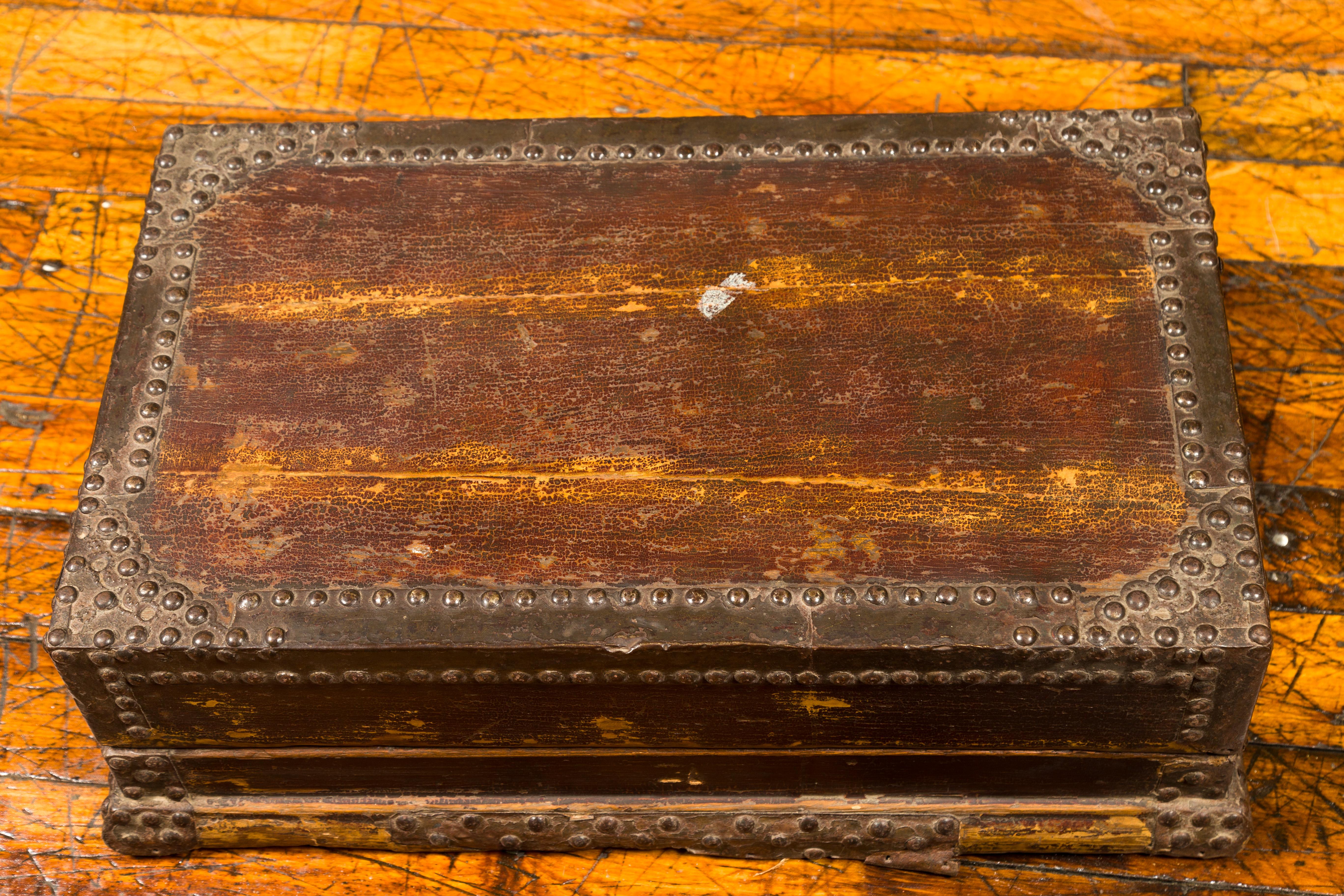 19th Century Wooden Document Box with Distressed Patina and Brass Stud Design For Sale 2