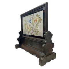 Antique Chinese Wooden/Revers Painting Glass Table Screen