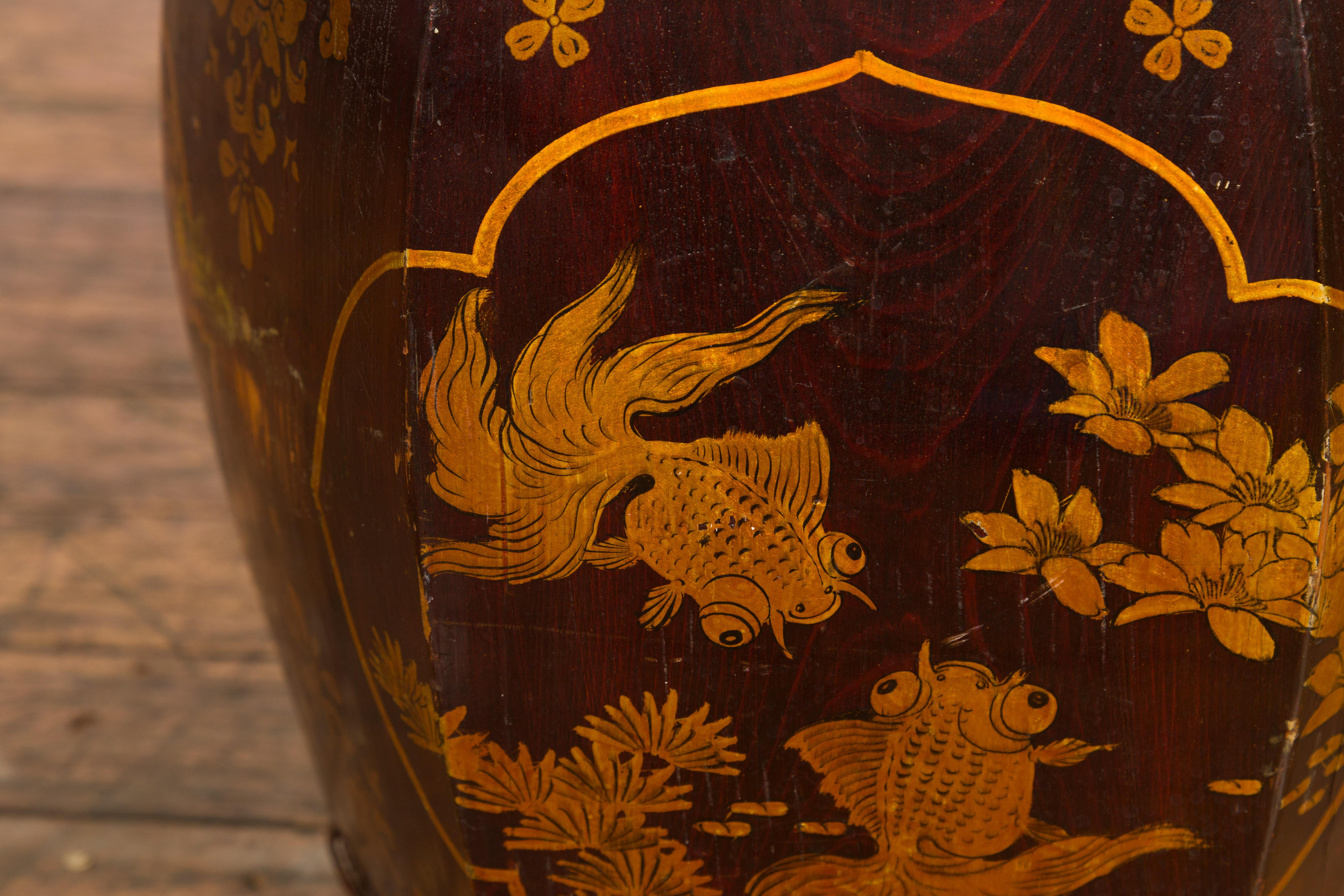 Antique Chinese Wooden Rice Barrel with Fish, Flowers, Deer and Birds Motifs For Sale 6