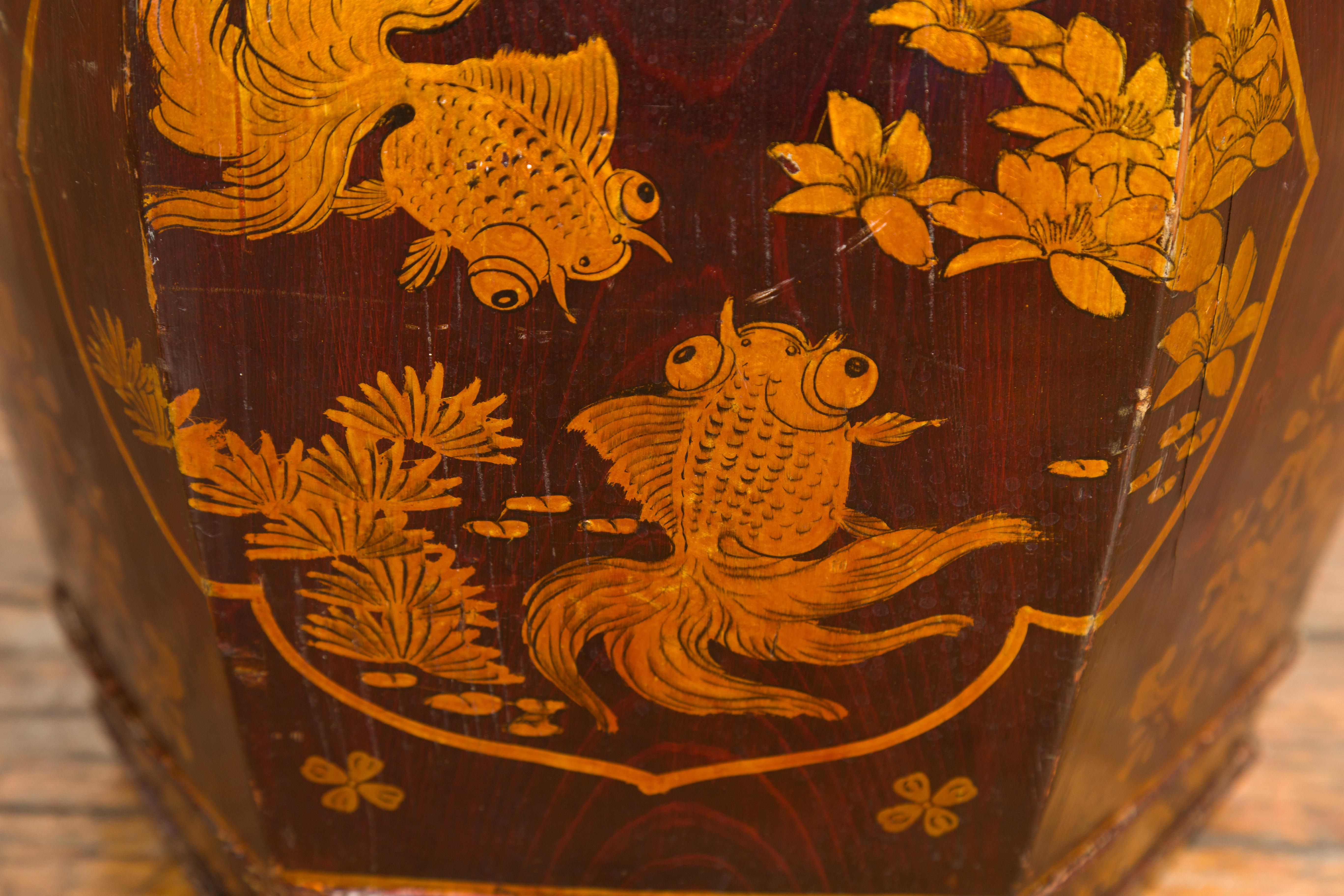 Antique Chinese Wooden Rice Barrel with Fish, Flowers, Deer and Birds Motifs For Sale 9