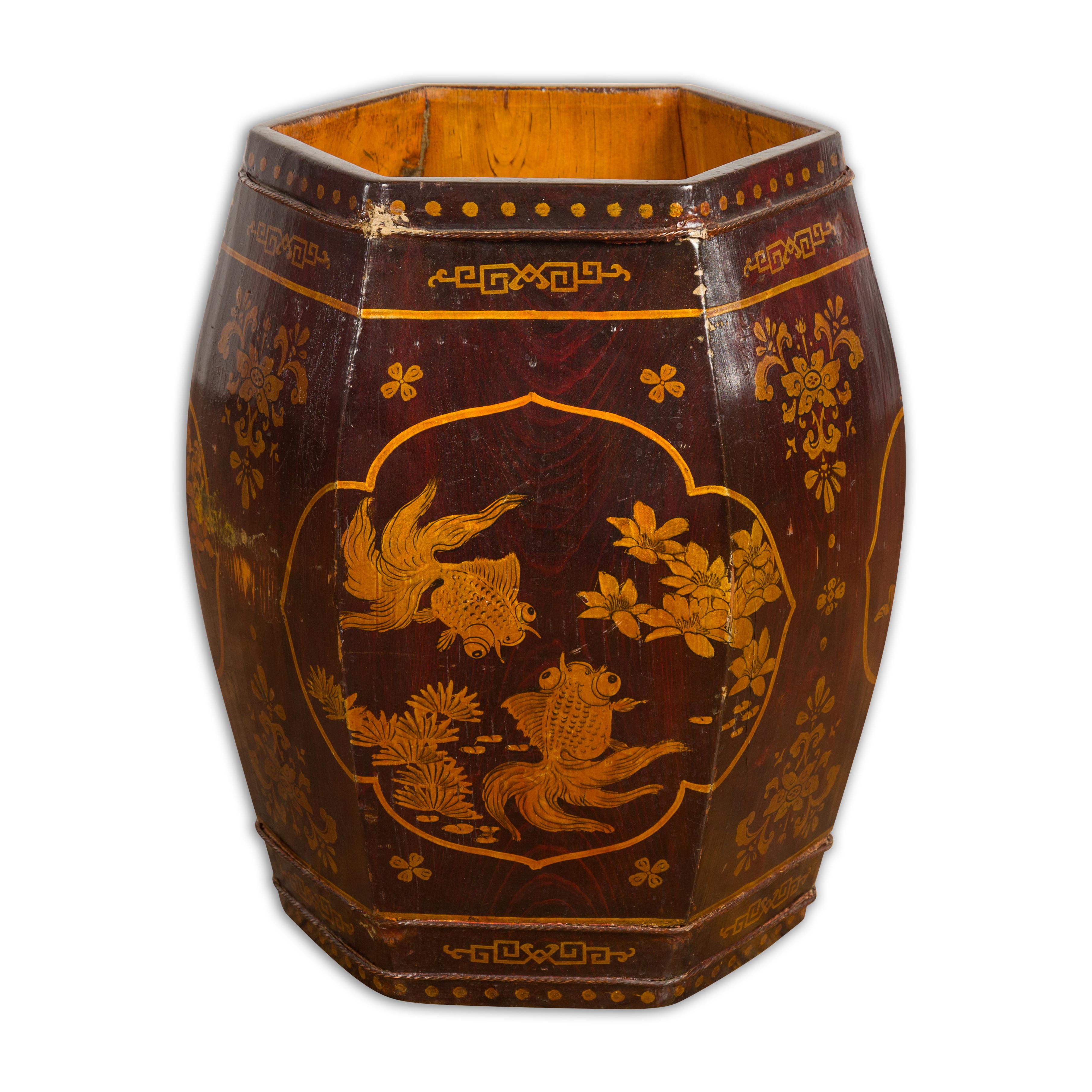 Antique Chinese Wooden Rice Barrel with Fish, Flowers, Deer and Birds Motifs For Sale 12