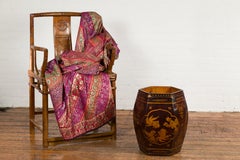 Antique Chinese Wooden Rice Barrel with Fish, Flowers, Deer and Birds Motifs