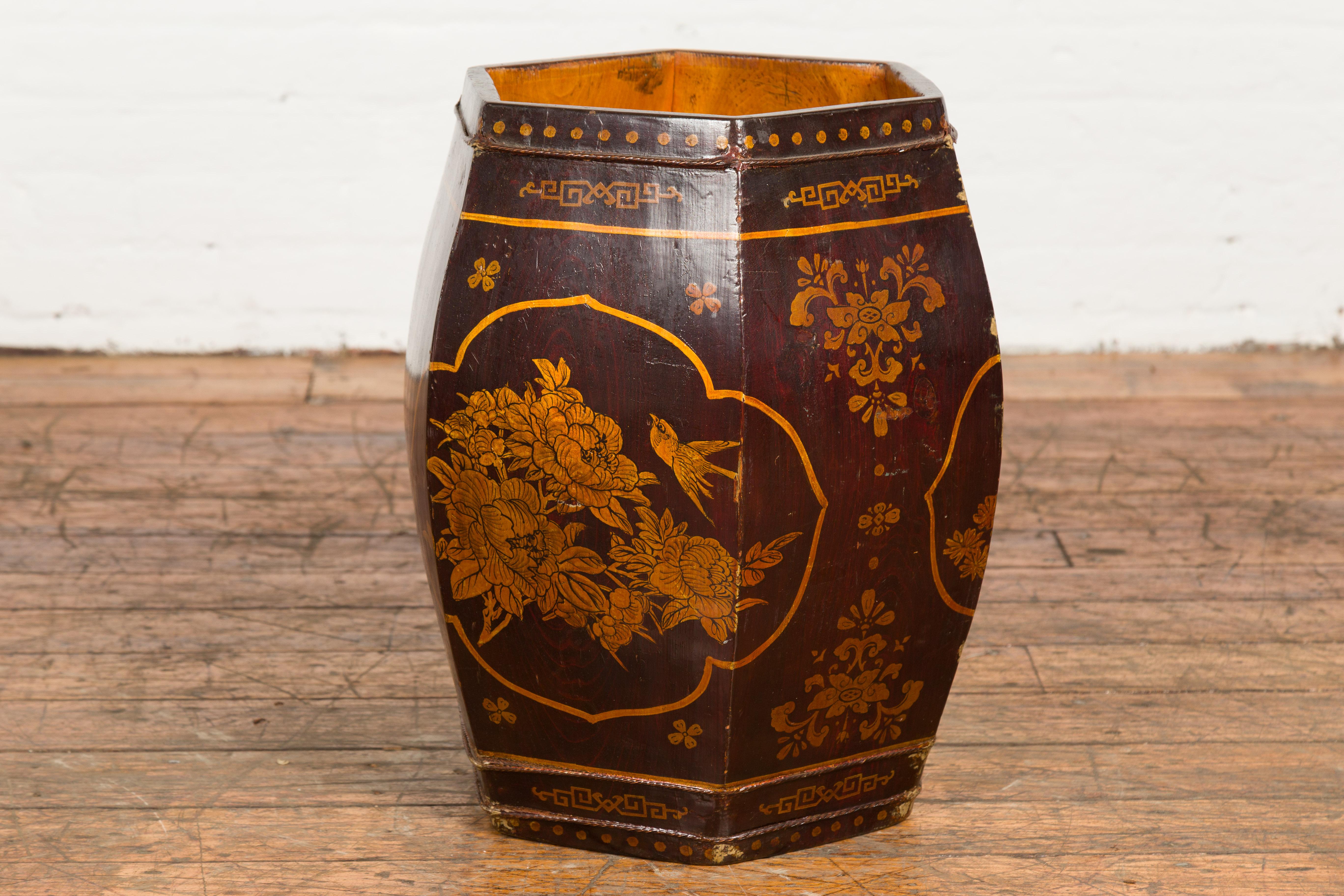 Lacquered Antique Chinese Wooden Rice Barrel with Fish, Flowers, Deer and Birds Motifs For Sale