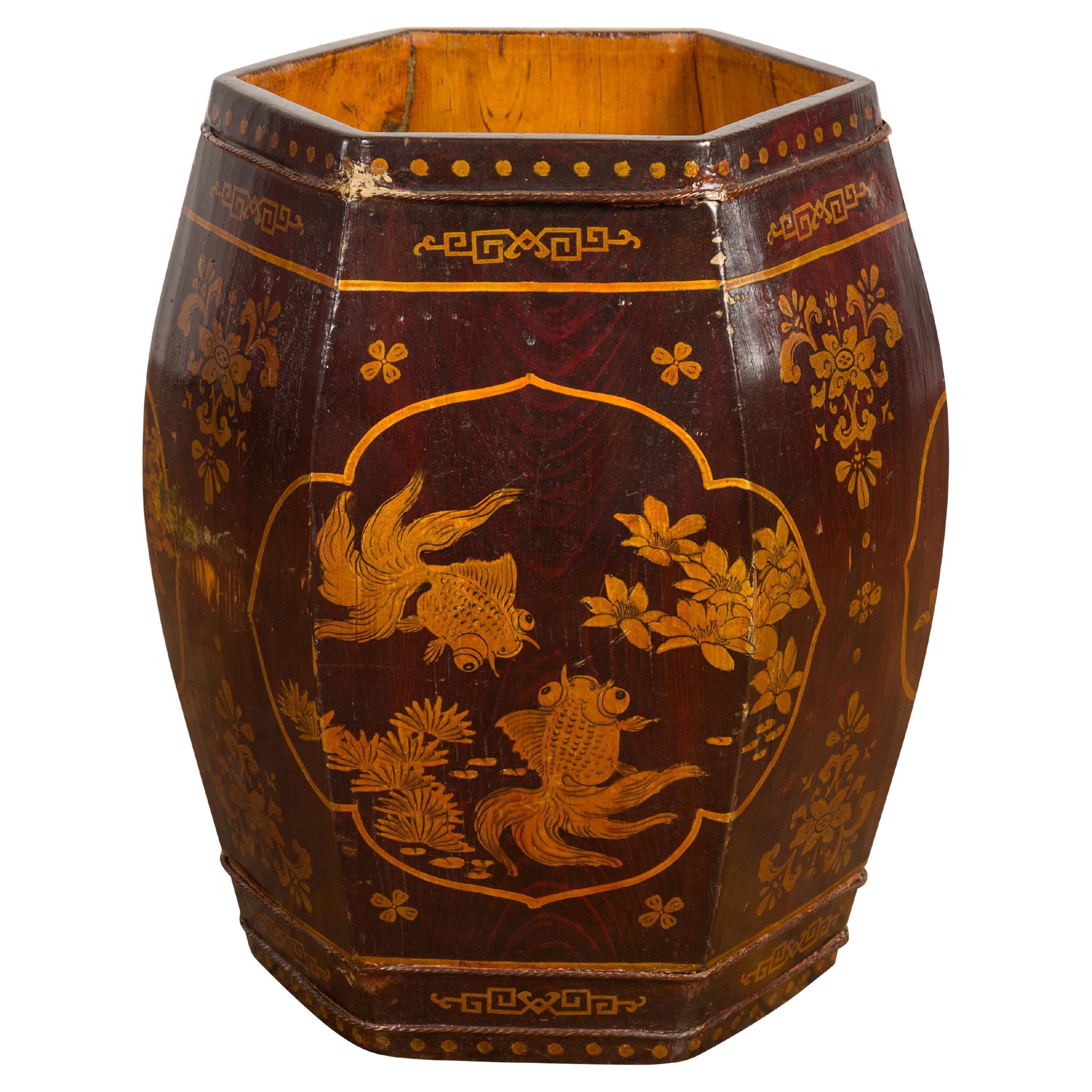 Antique Chinese Wooden Rice Barrel with Fish, Flowers, Deer and Birds Motifs For Sale