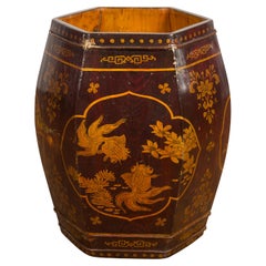 Used Chinese Wooden Rice Barrel with Fish, Flowers, Deer and Birds Motifs