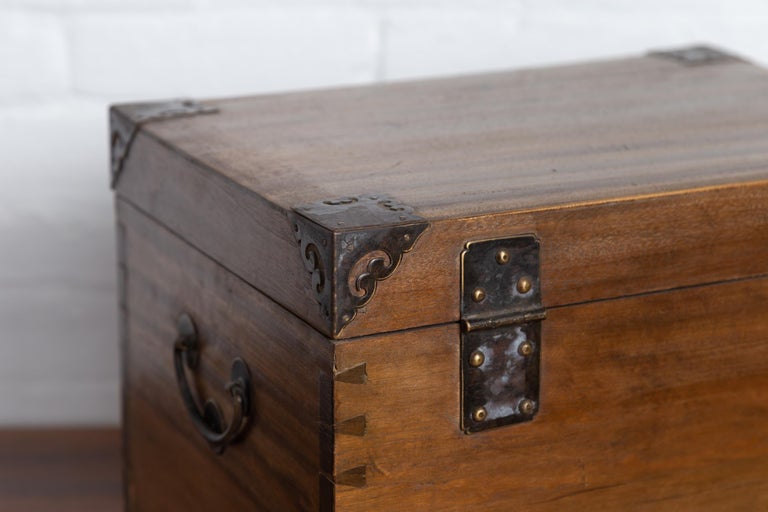 Antique Chinese Wooden Treasure Chest with Cutout Metal Braces and ...