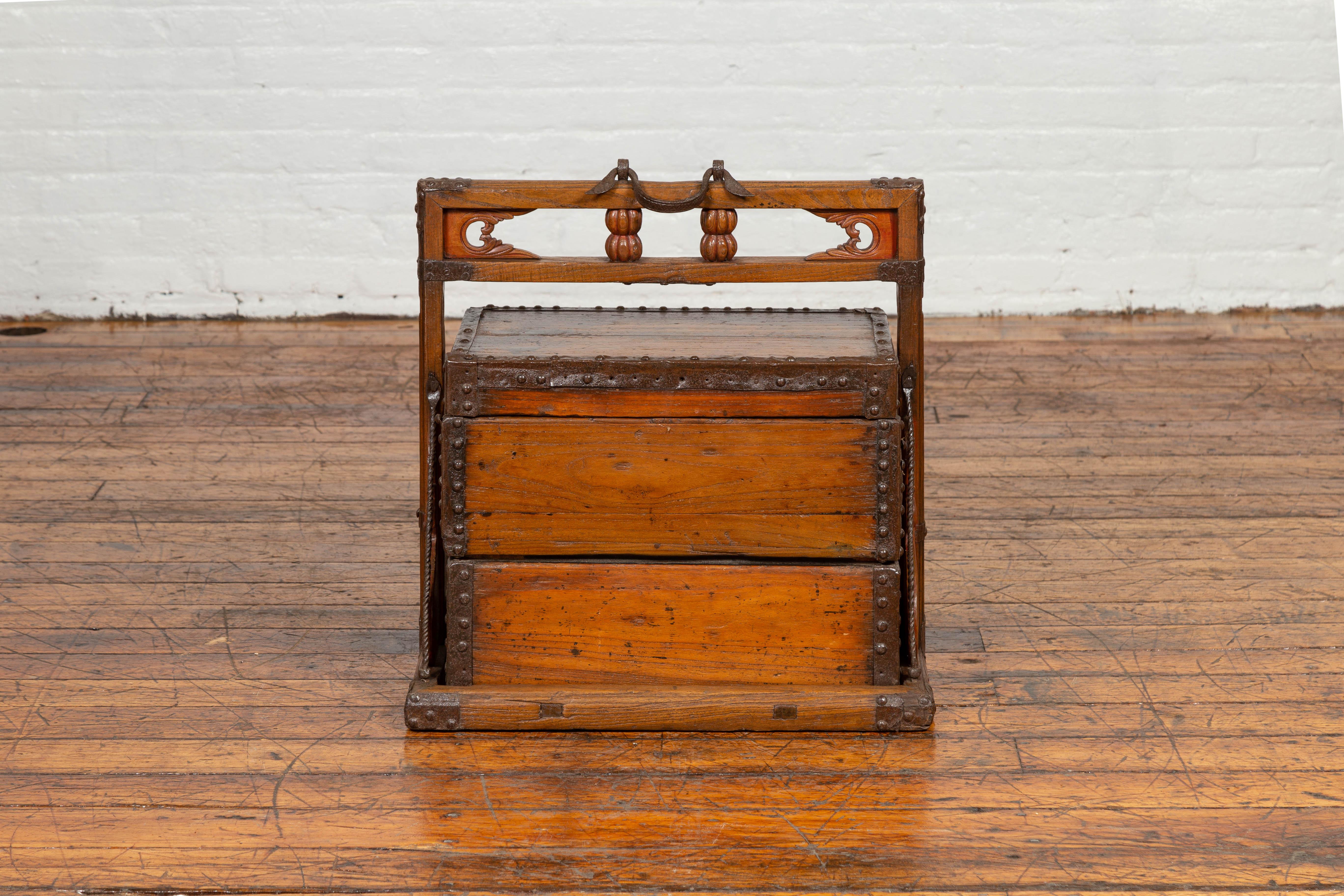 Antique Chinese Wooden Wedding Carrying Tiered Treasure Box with Nailheads 2