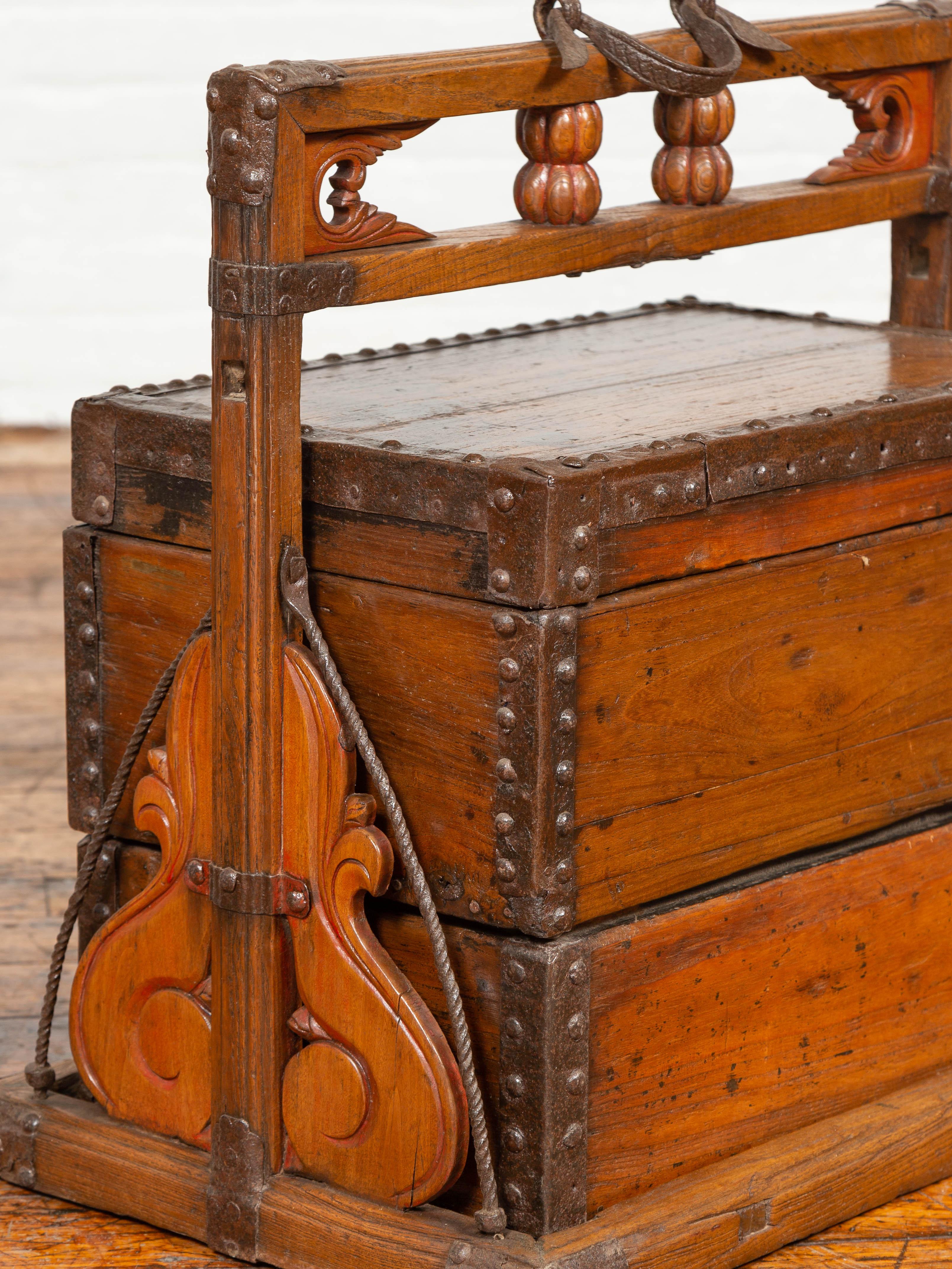 Antique Chinese Wooden Wedding Carrying Tiered Treasure Box with Nailheads In Good Condition In Yonkers, NY