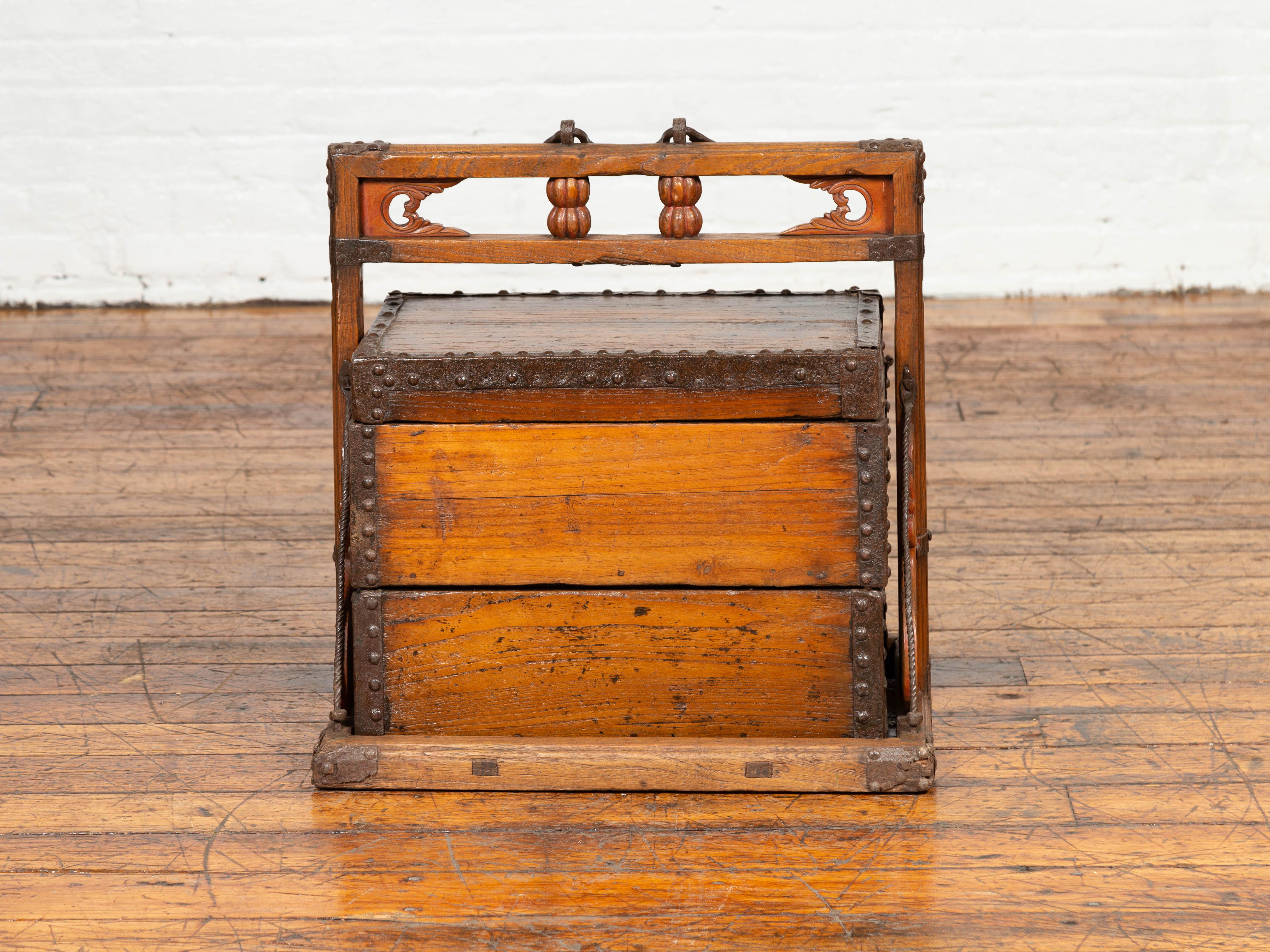 Metal Antique Chinese Wooden Wedding Carrying Tiered Treasure Box with Nailheads