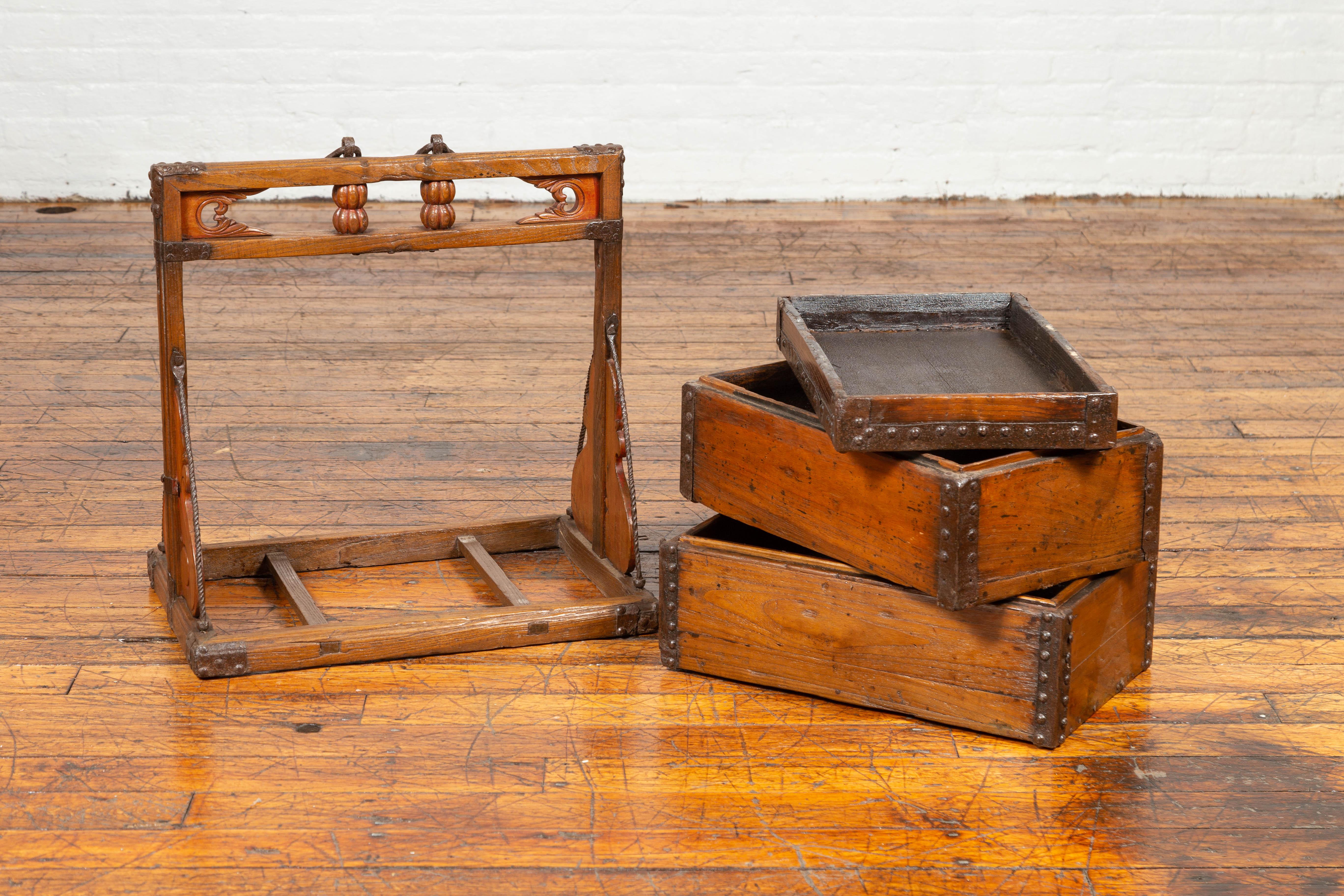 Antique Chinese Wooden Wedding Carrying Tiered Treasure Box with Nailheads 1