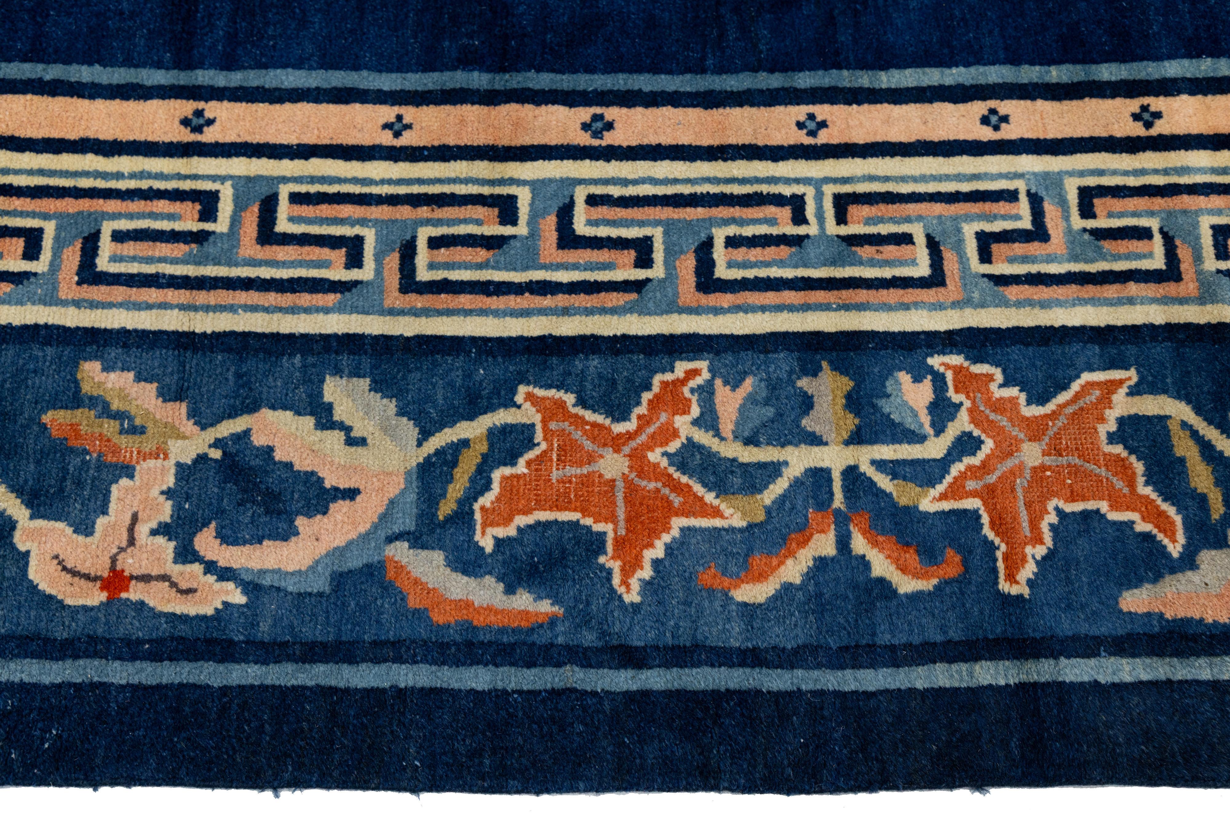 Antique Chinese Wool Rug – Blue Field, Floral Medallion, Early 20th Century For Sale 5