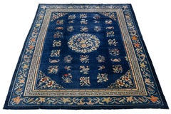 Antique Chinese Wool Rug – Blue Field, Floral Medallion, Early 20th Century