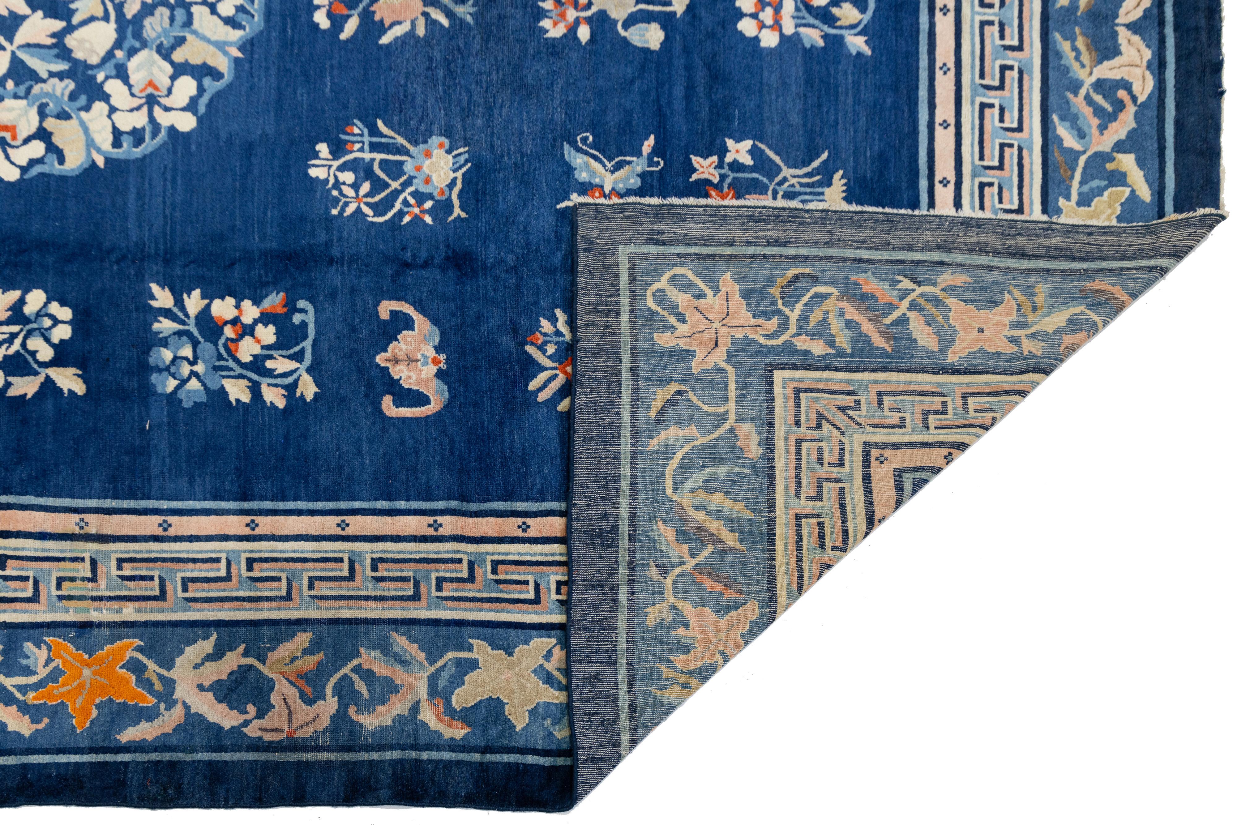 Art Deco Antique Chinese Wool Rug – Blue Field, Floral Medallion, Early 20th Century For Sale