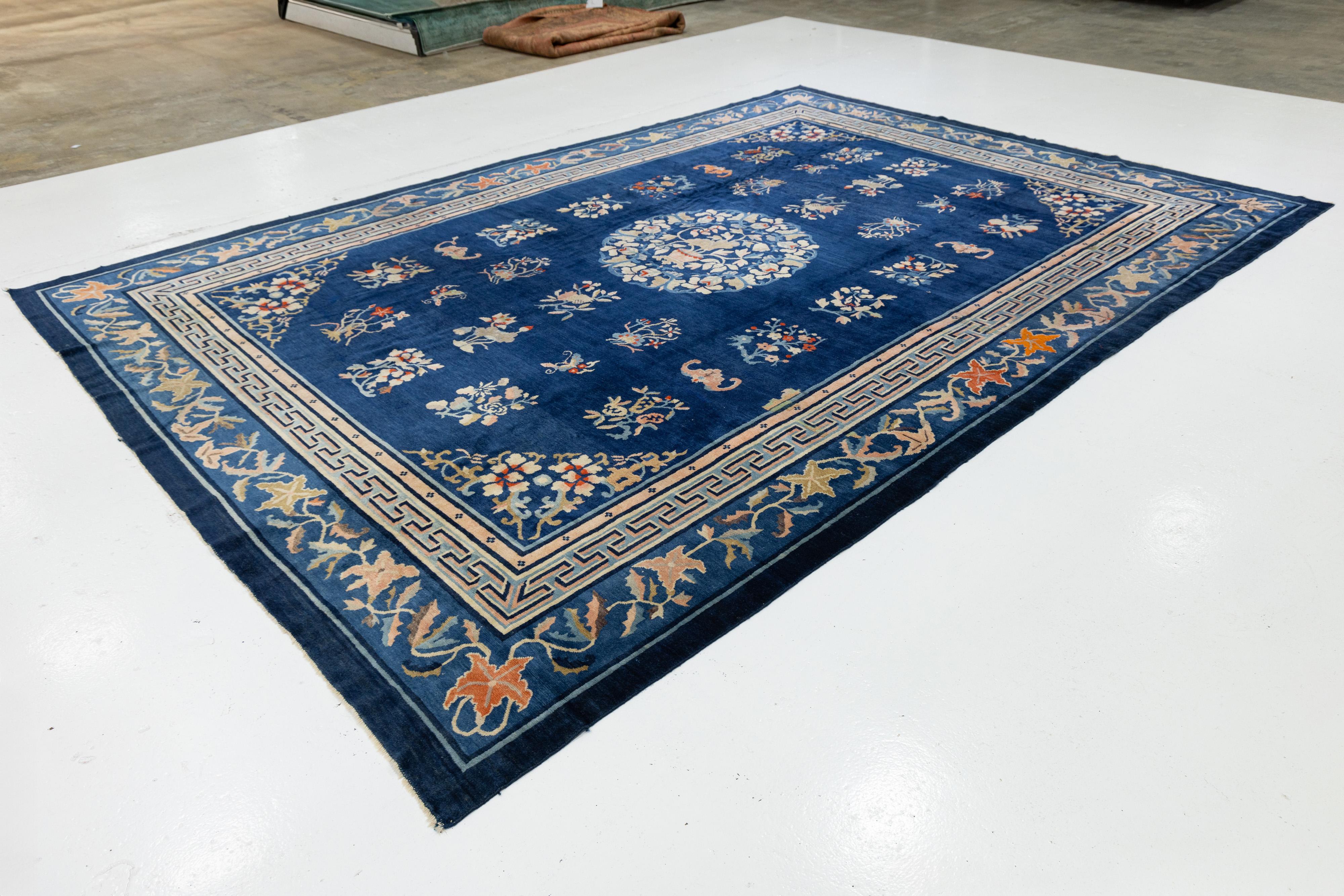 Hand-Knotted Antique Chinese Wool Rug – Blue Field, Floral Medallion, Early 20th Century For Sale