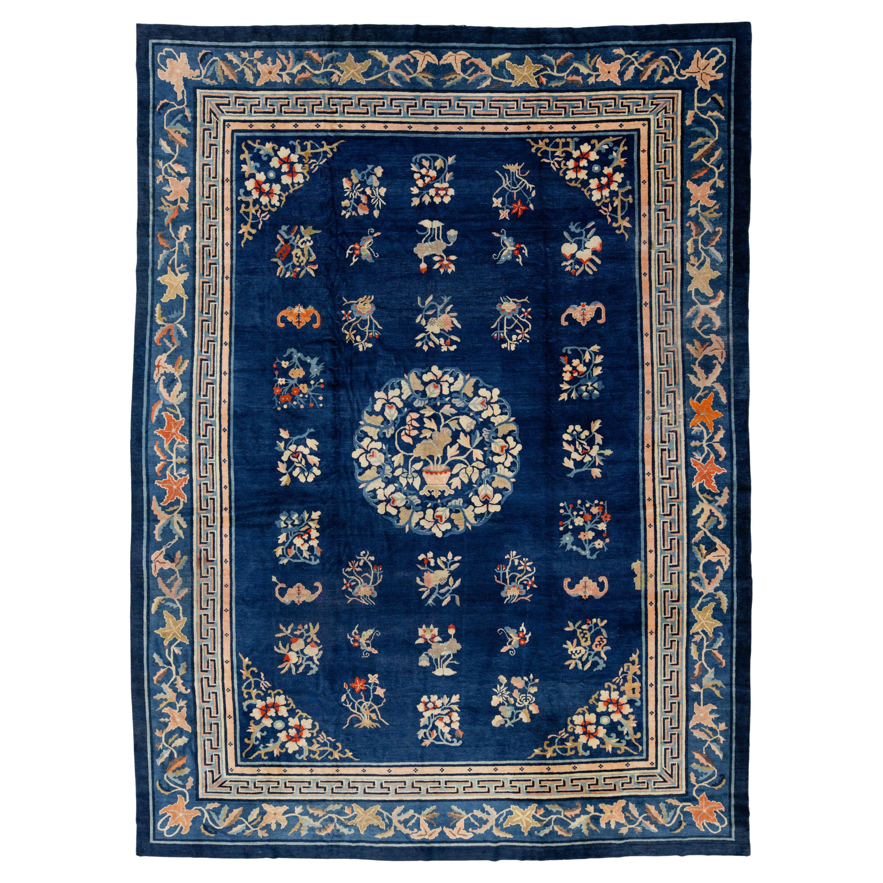 Antique Chinese Wool Rug – Blue Field, Floral Medallion, Early 20th Century