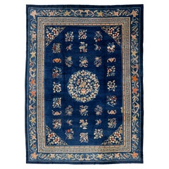 Antique Chinese Wool Rug – Blue Field, Floral Medallion, Early 20th Century