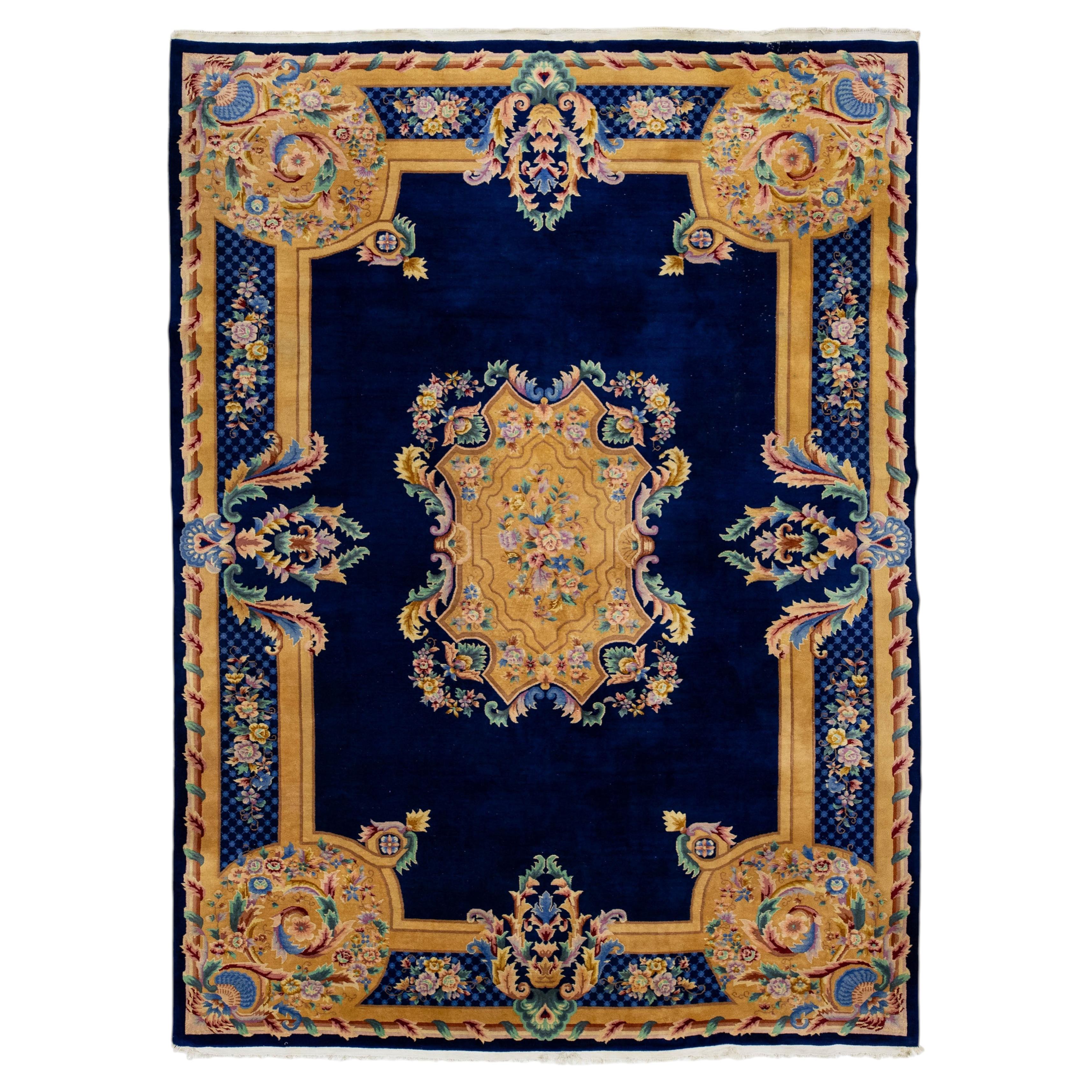 Antique Chinese Wool Rug - In Blue with Floral Medallion & Ornate Gold Border