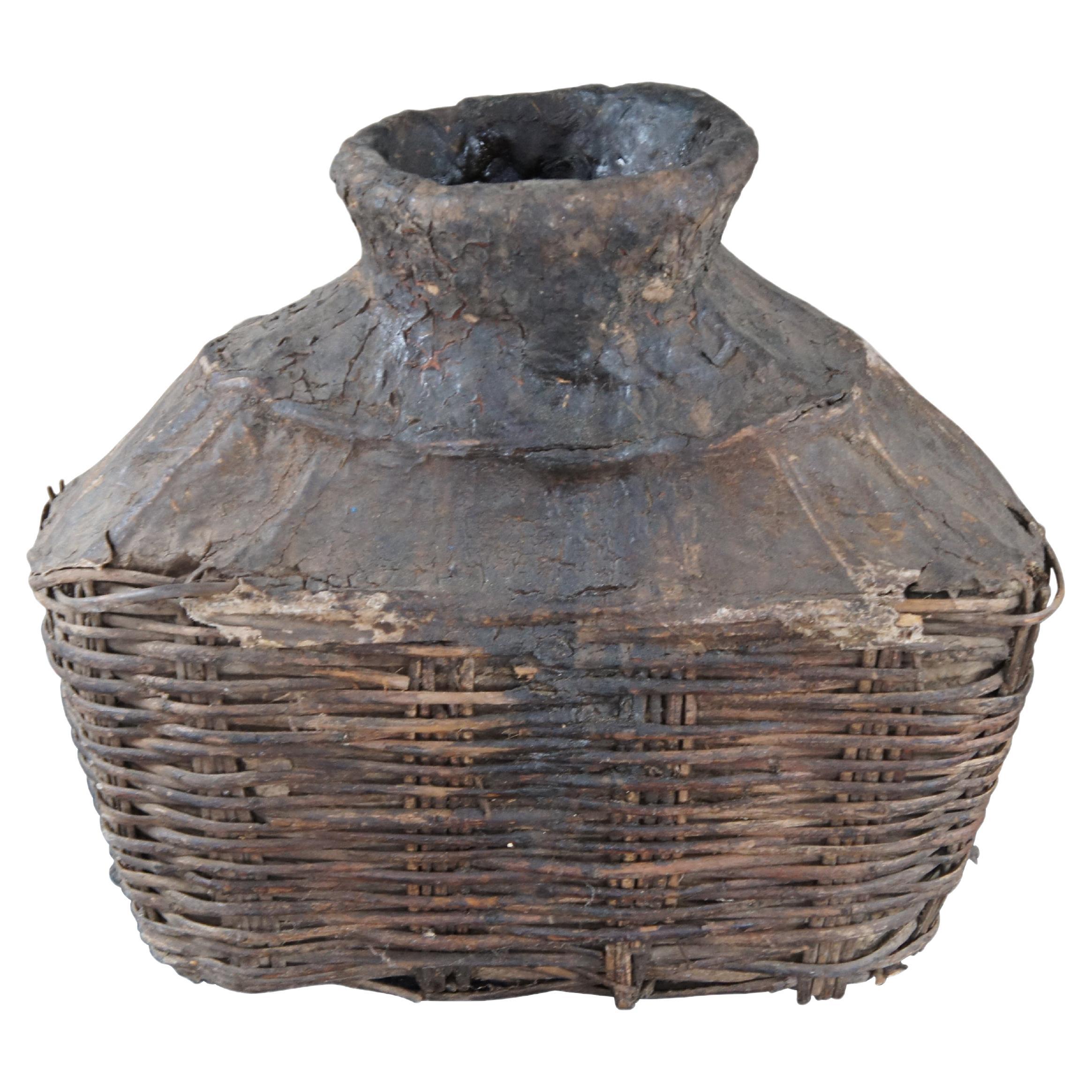 Antique Chinese Woven Willow Oil Container Food Storage Basket Vessel Jar