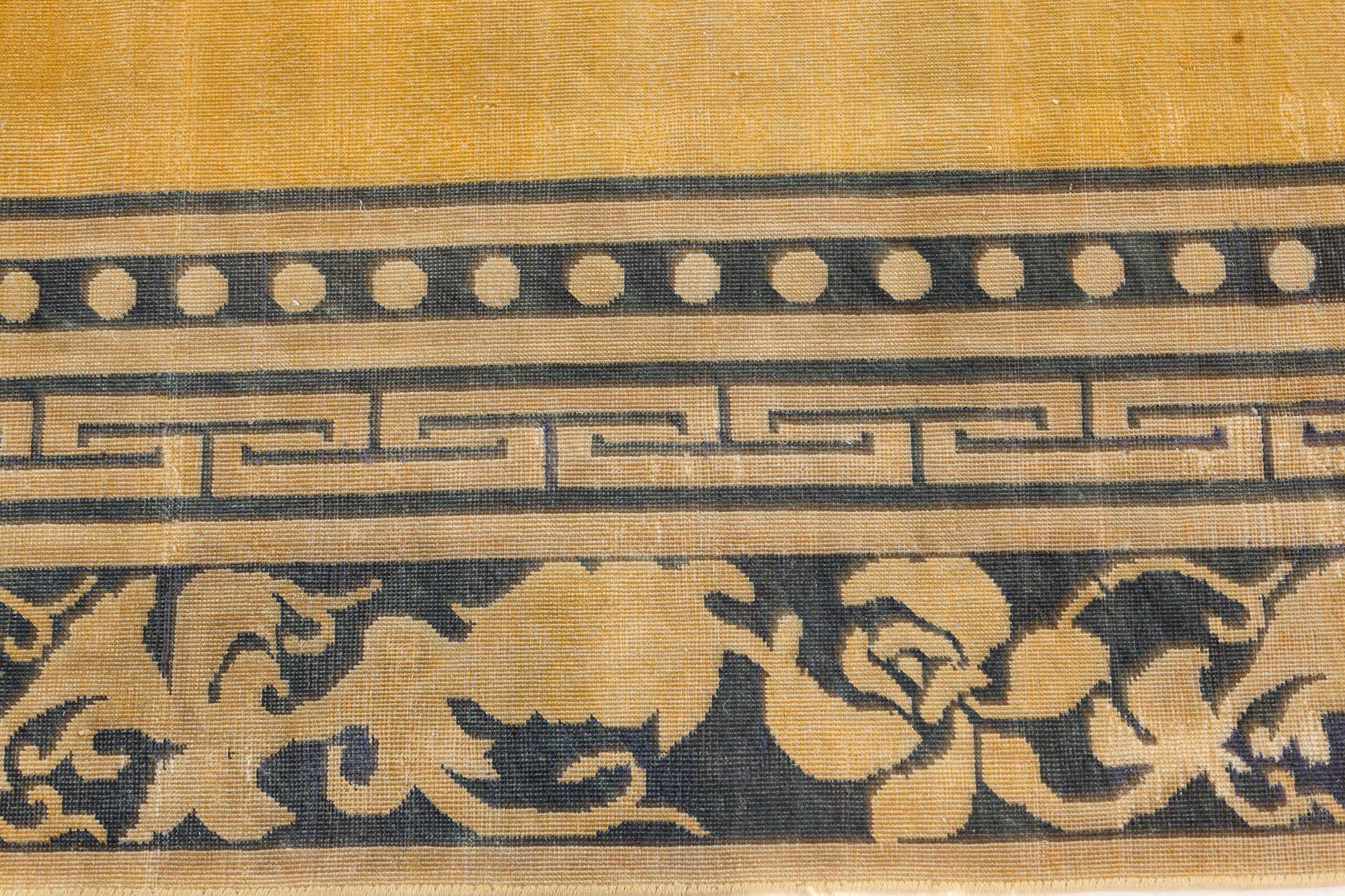 20th Century Antique Chinese Yellow Handwoven Wool Rug For Sale