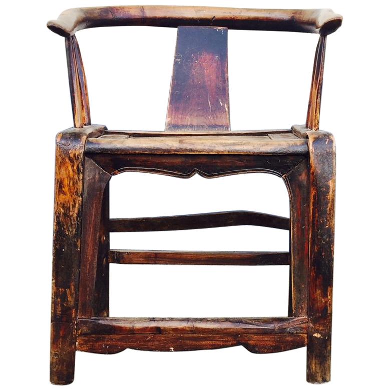 Antique Chinese Yoke Back, Horseshoe Chair in Patinated Wood, circa 1800-1849