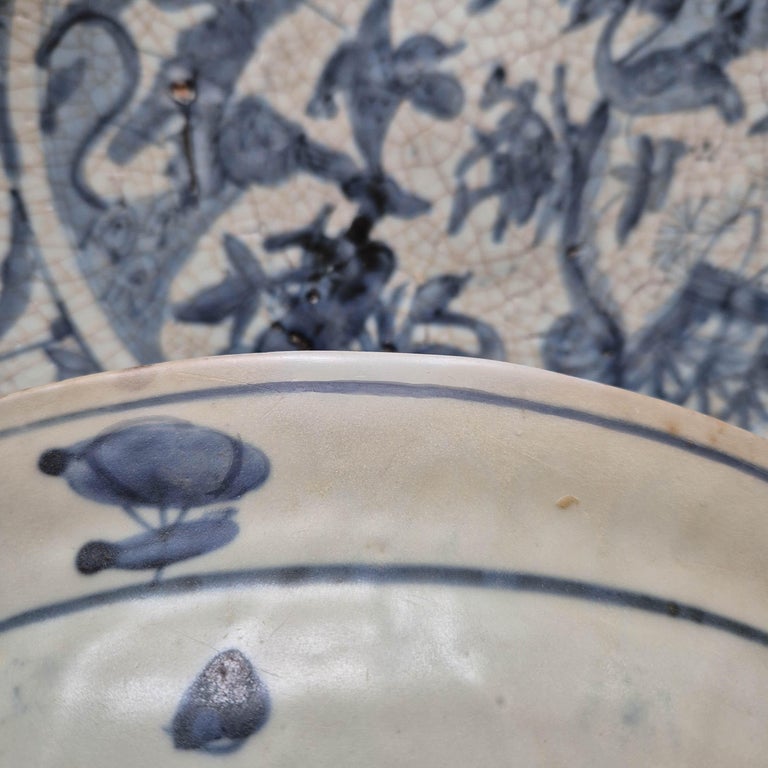 ANCIEN CHINOIS BLEU Blanc Ming Dynastie Soupe Plaque Bol Calligraphie