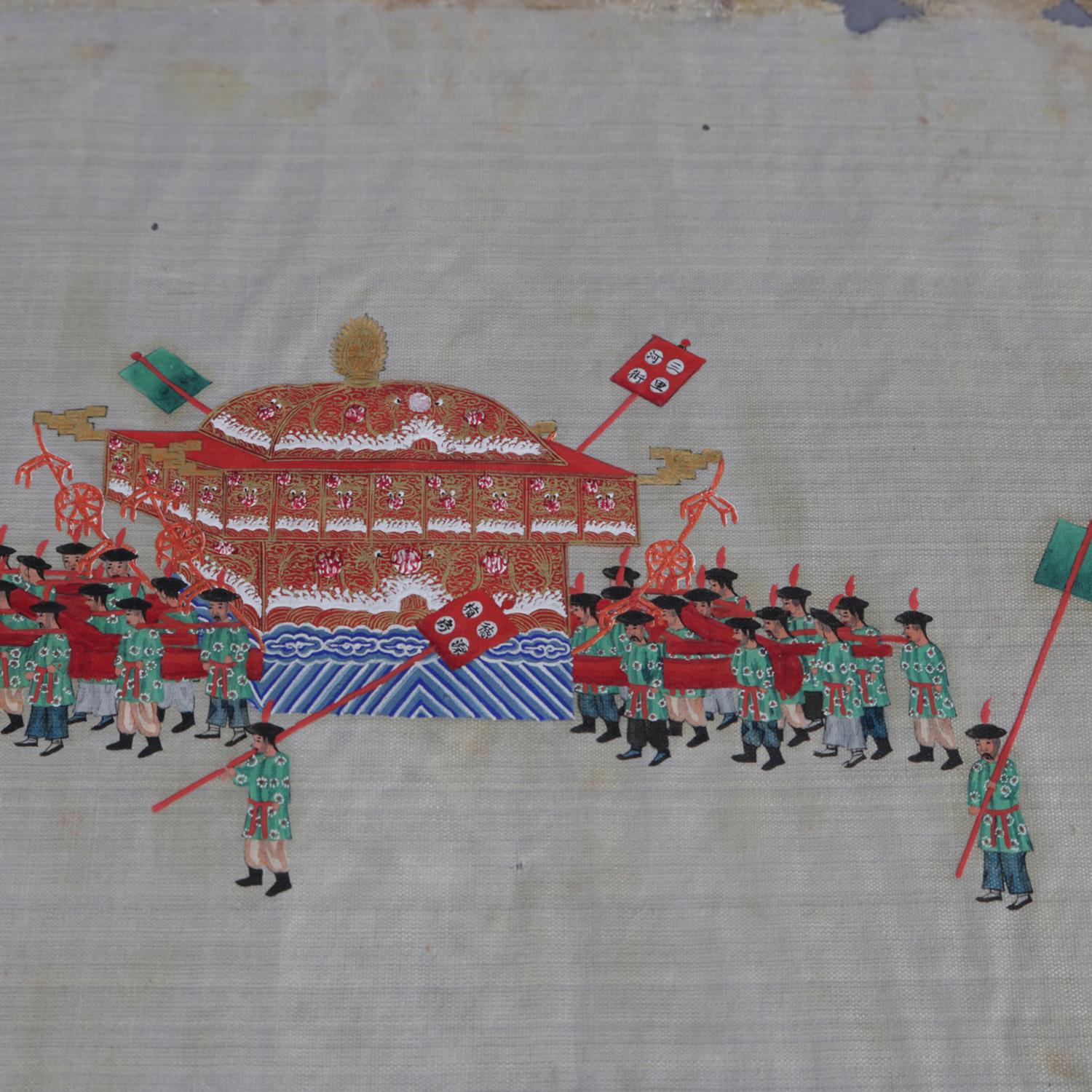 Hand-Painted Antique Chinese Zhou Pei-Chun Ink and Color on Silk Official Parade, circa 1900