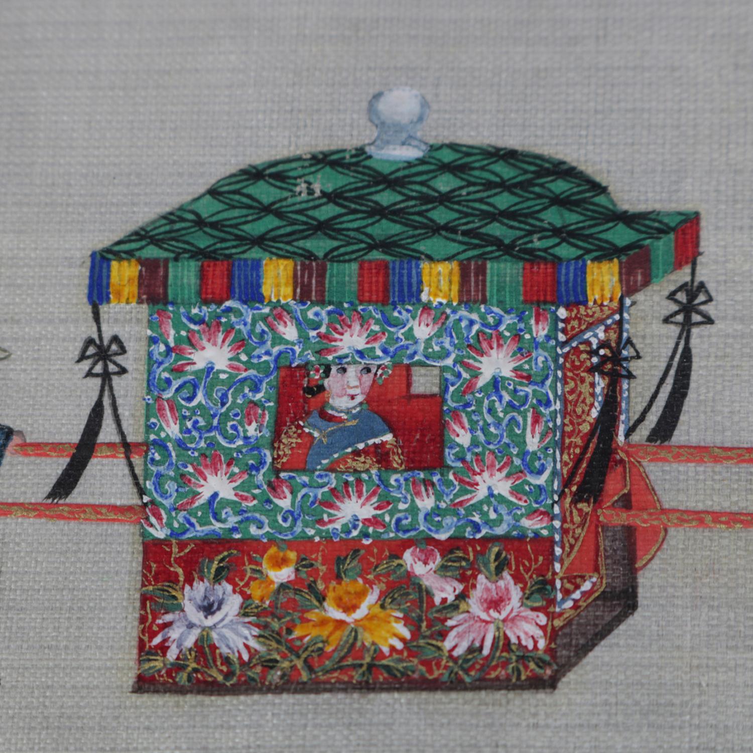 Antique Chinese Zhou Pei-Chun painting on cloth feature ink and color on silk, framed and glazed, depicting a procession fronted by soldiers and attendants variously carrying lanterns, umbrellas, plaques and flags, followed by two palanquins in