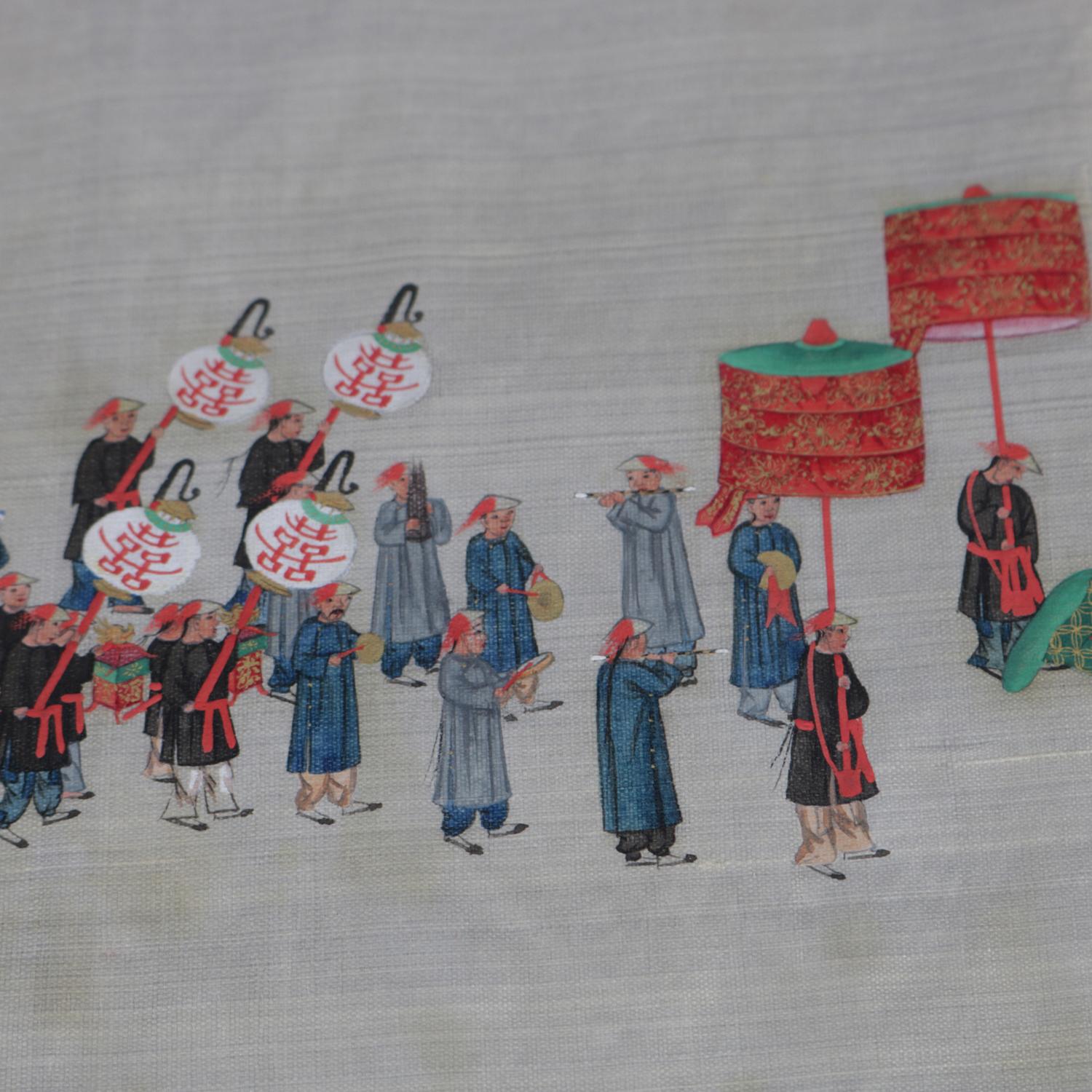 Hand-Painted Antique Chinese Zhou Pei-Chun Ink & Color on Silk Painting of Parade, circa 1900