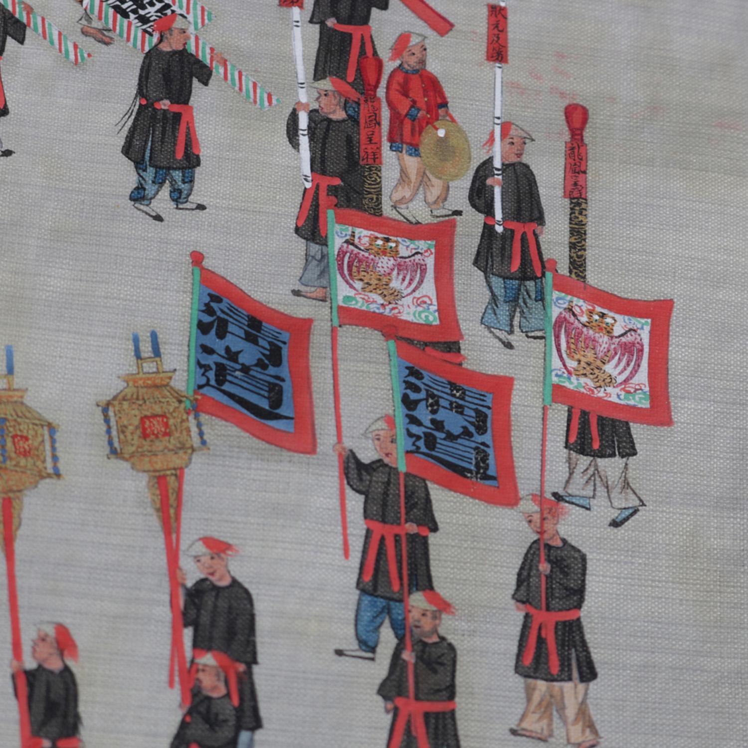 Antique Chinese Zhou Pei-Chun Ink & Color on Silk Painting of Parade, circa 1900 In Good Condition In Big Flats, NY