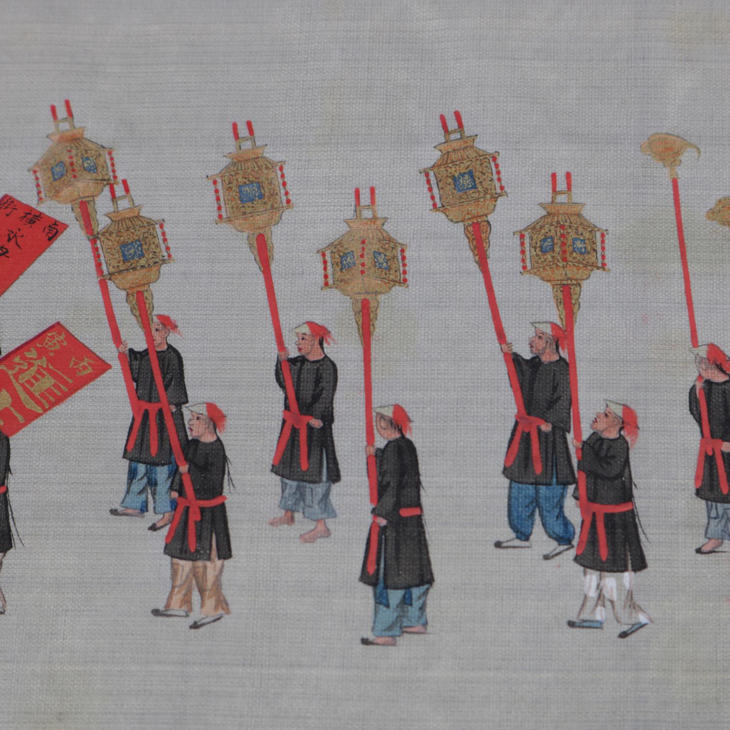 Antique Chinese Zhou Pei-Chun Ink & Color on Silk Painting of Parade, circa 1900 1