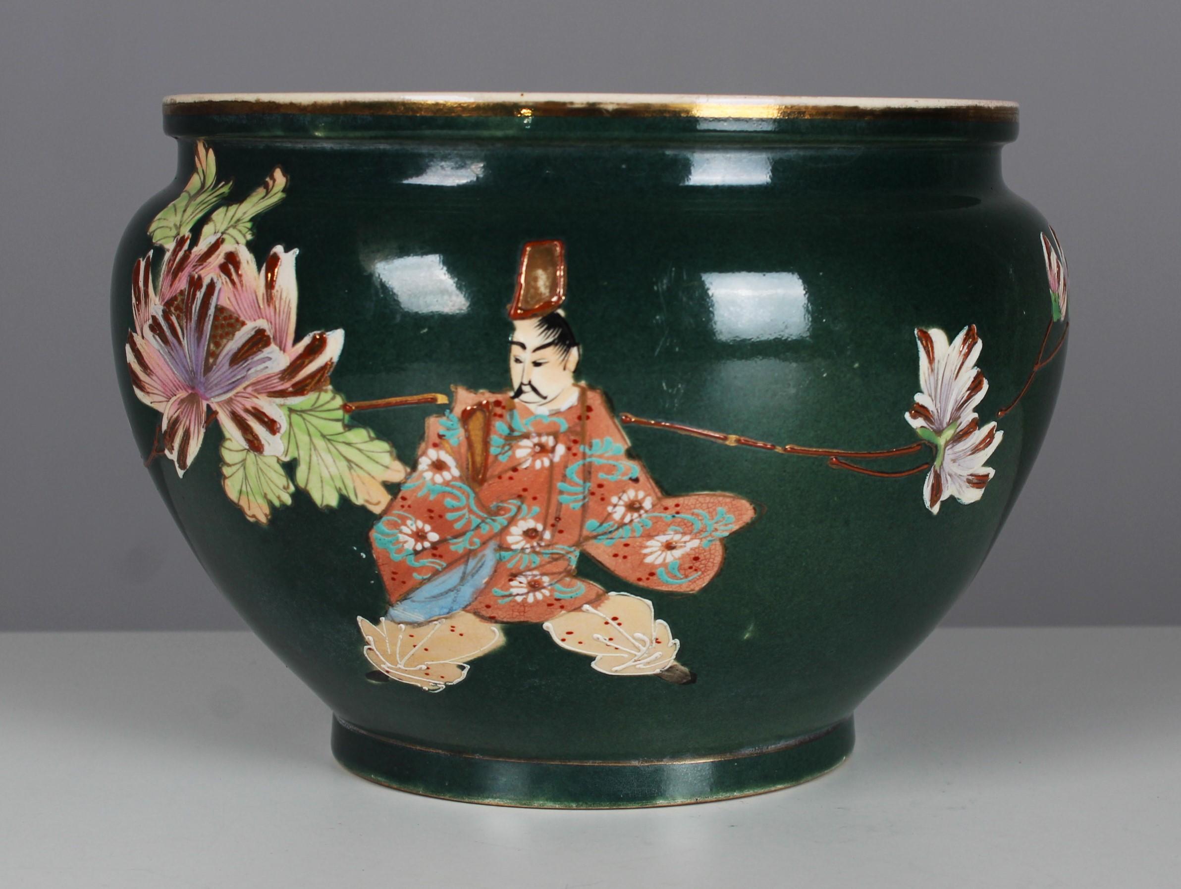 Hand-Painted Antique Chinoise Flower Pot, France, 1880s, Hand Painted Chinese Warrior For Sale