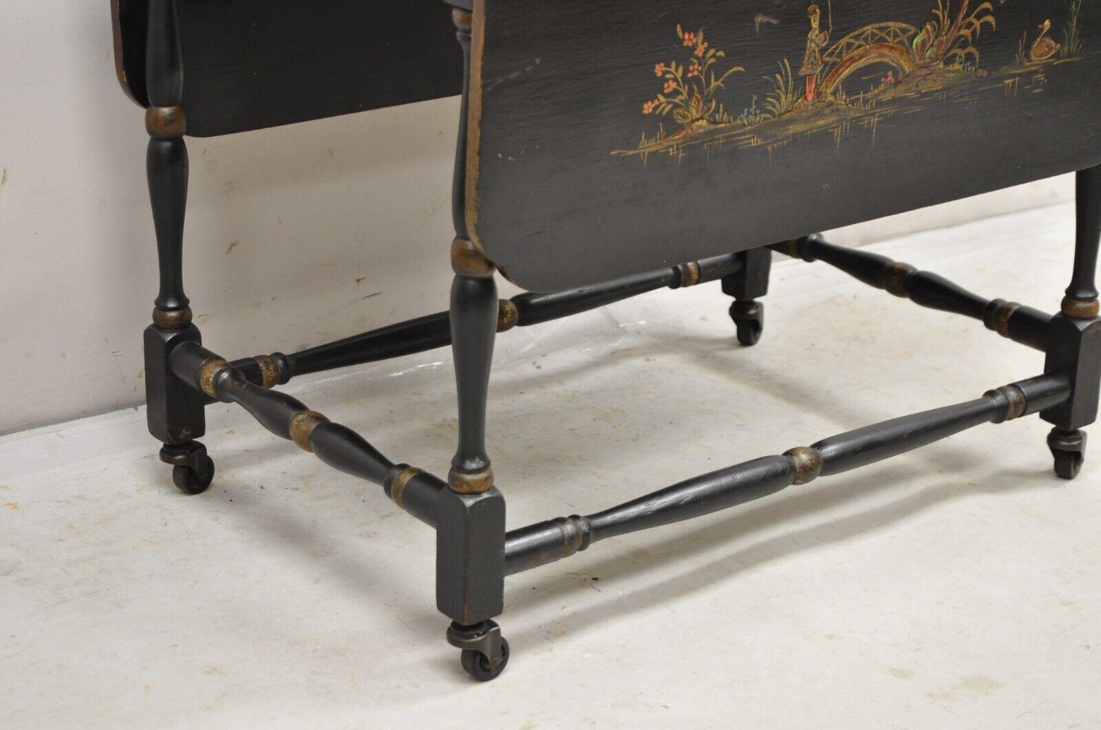Antique Chinoiserie Asian Painted Small Black Dropleaf Side Table 6