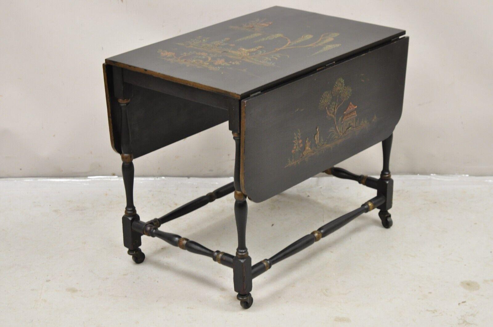 Antique Chinoiserie Asian Painted Small Black Dropleaf Side Table In Good Condition In Philadelphia, PA