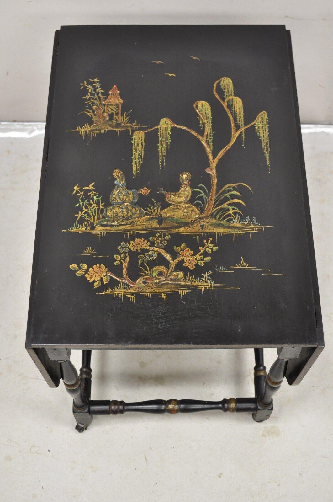 20th Century Antique Chinoiserie Asian Painted Small Black Dropleaf Side Table