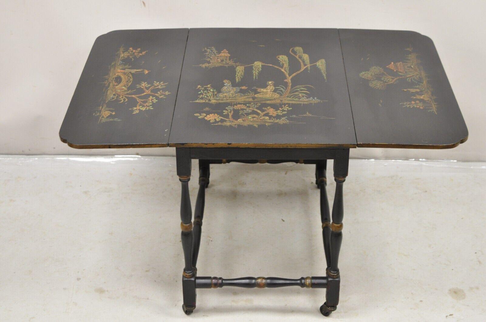 Antique Chinoiserie Asian Painted Small Black Dropleaf Side Table 1