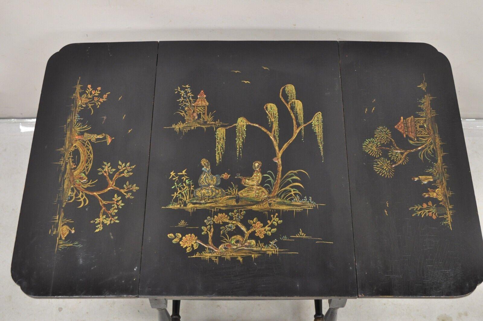 Antique Chinoiserie Asian Painted Small Black Dropleaf Side Table 2