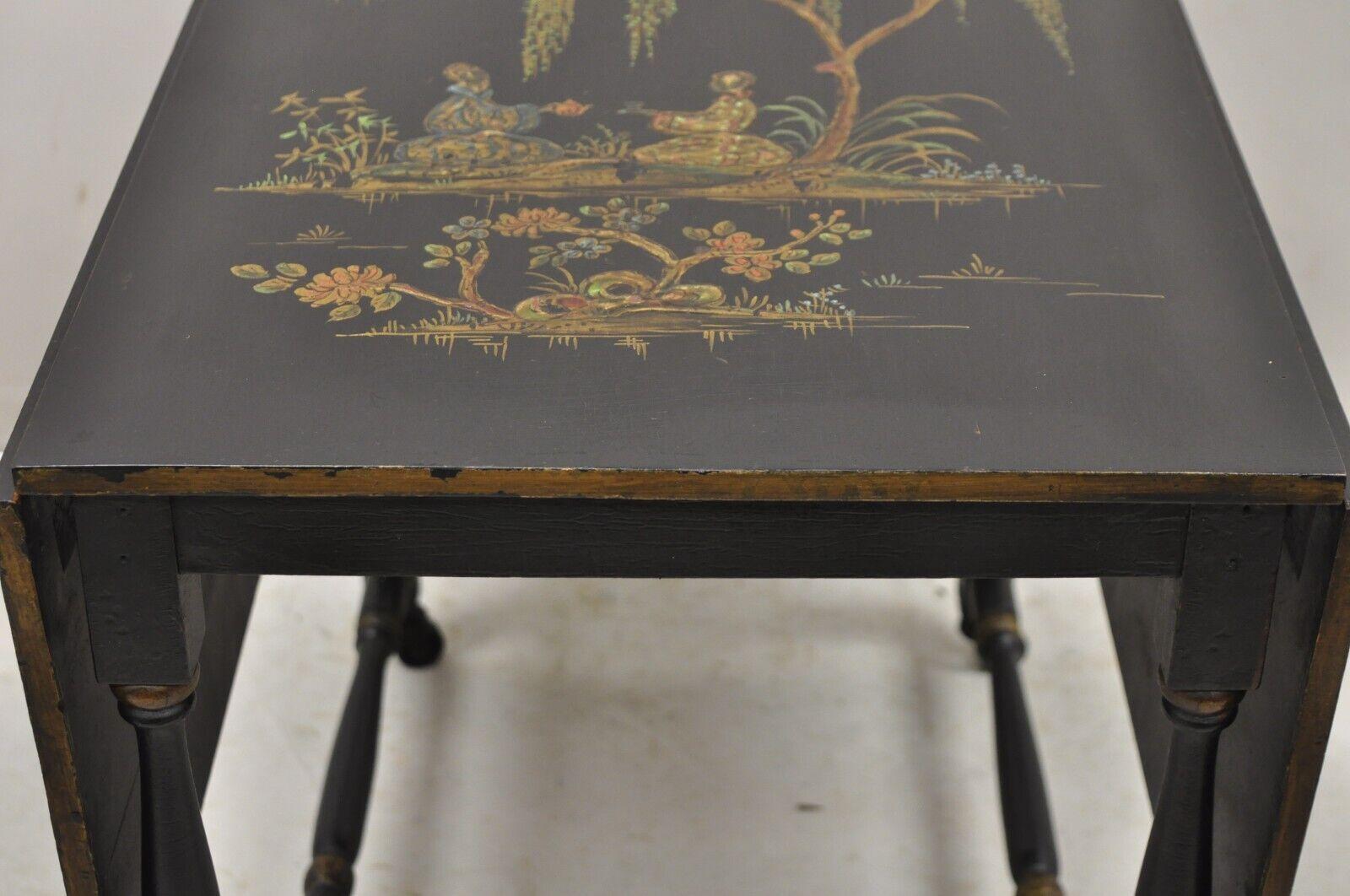 Antique Chinoiserie Asian Painted Small Black Dropleaf Side Table 3