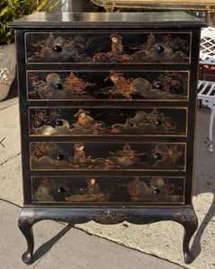 Antique Chinoiserie Black & Gold Tall Chest of Drawers