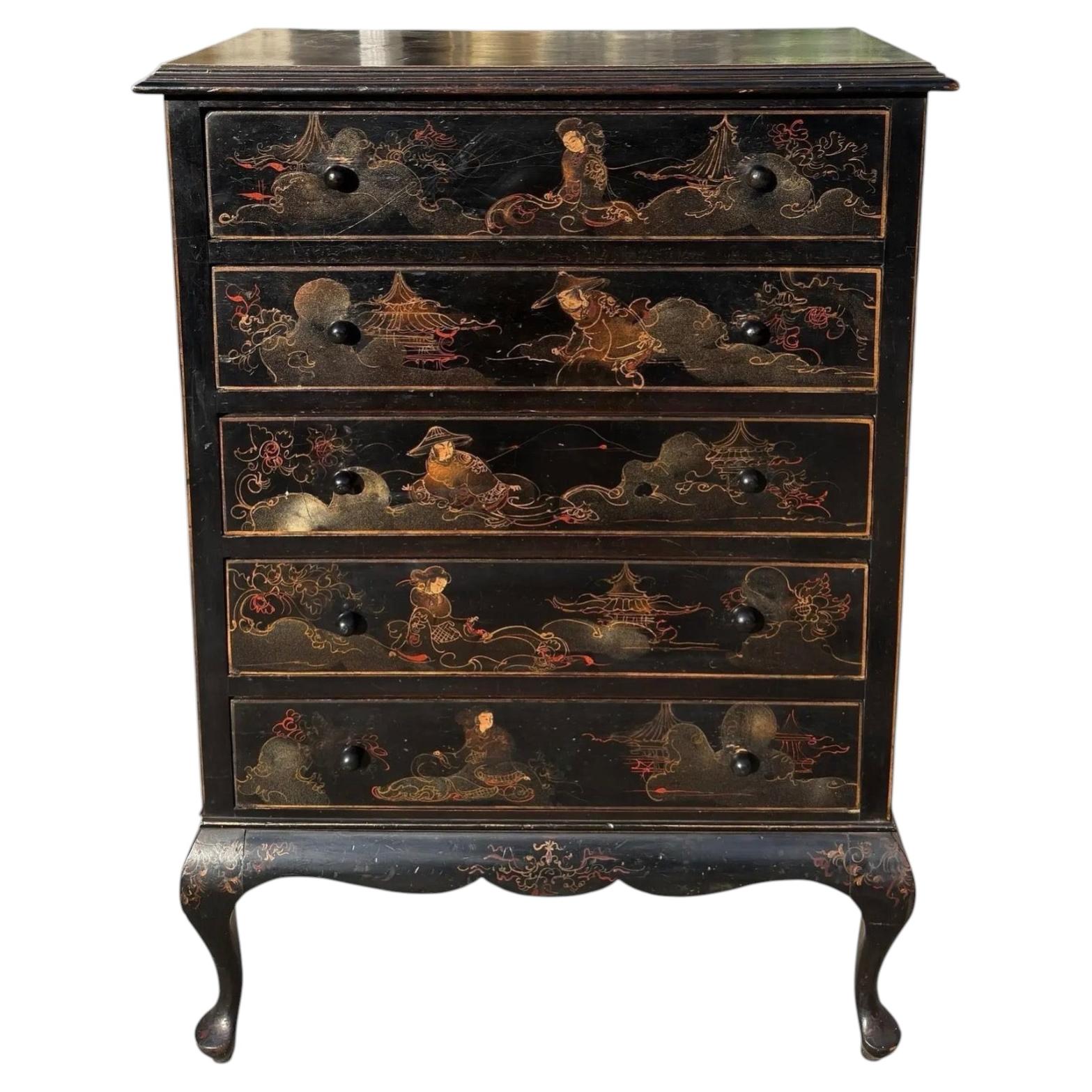 Antique Chinoiserie Black & Gold Tall Chest of Drawers For Sale
