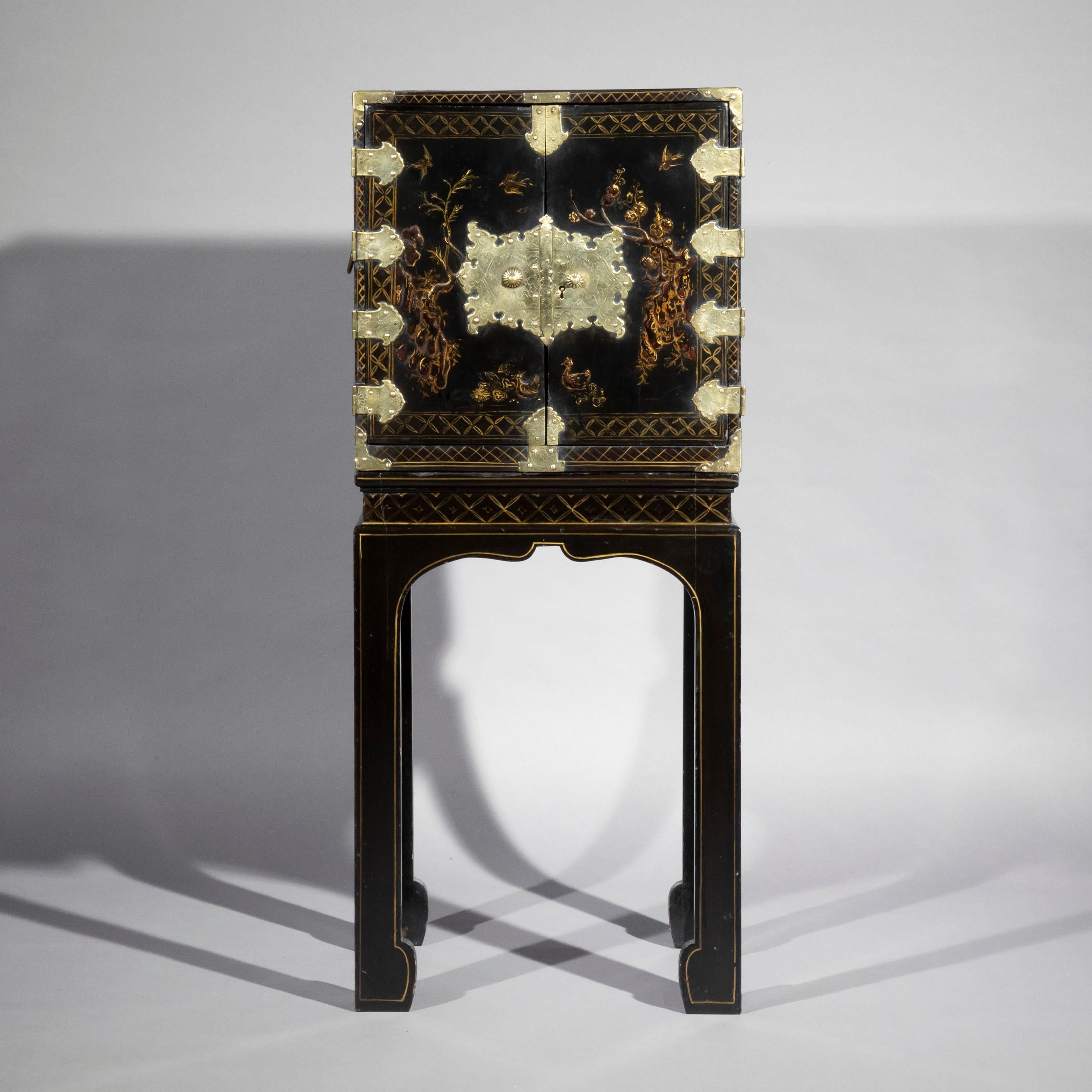 Antique Chinoiserie Black Lacquer Cabinet on Stand, 19th Century 8