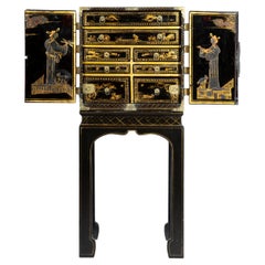 Antique Chinoiserie Black Lacquer Cabinet on Stand, 19th Century
